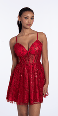 Sweetheart Glitter Mesh Lace Up Back Skater Dress with Pockets