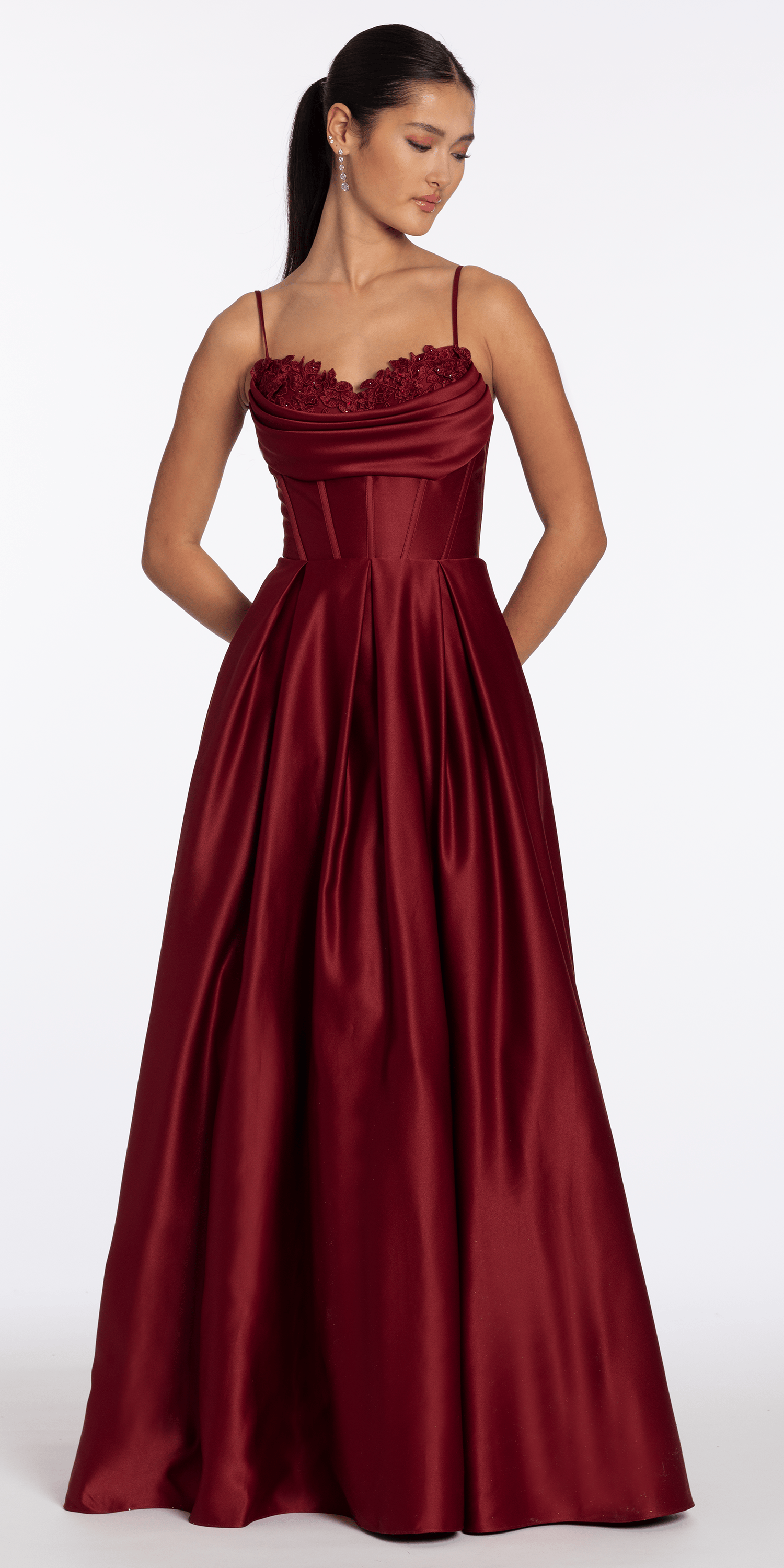 Satin Embroidered Sweetheart Corset Ballgown with Pockets