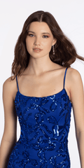 Ribbon Sequin Scoop Mesh Column Dress with Side Slit