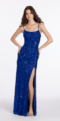Ribbon Sequin Scoop Mesh Column Dress with Side Slit