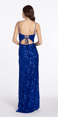 Ribbon Sequin Scoop Mesh Column Dress with Side Slit