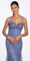 Glitter Mesh Notch Sweetheart Corset Trumpet Dress