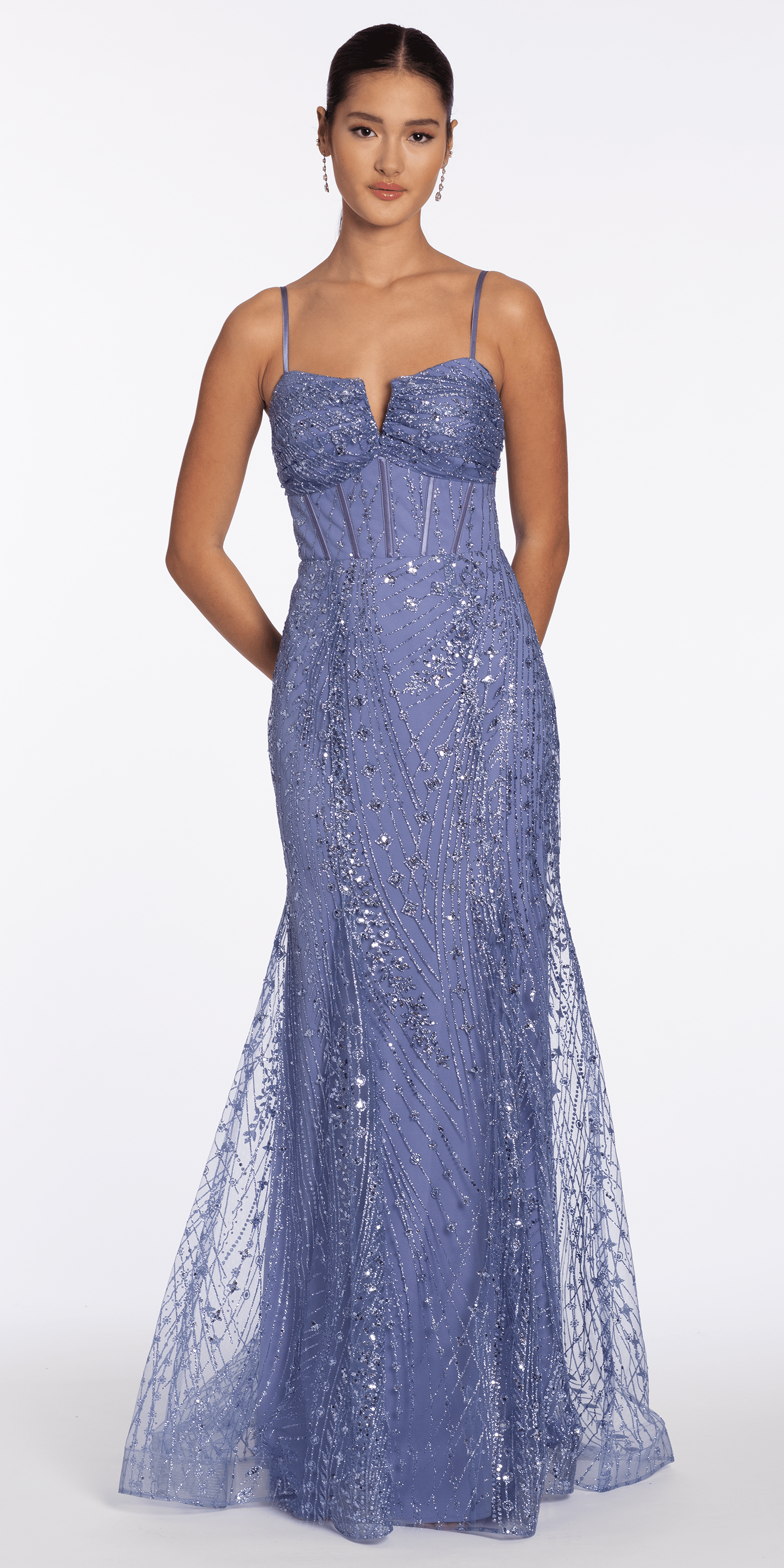 Glitter Mesh Notch Sweetheart Corset Trumpet Dress