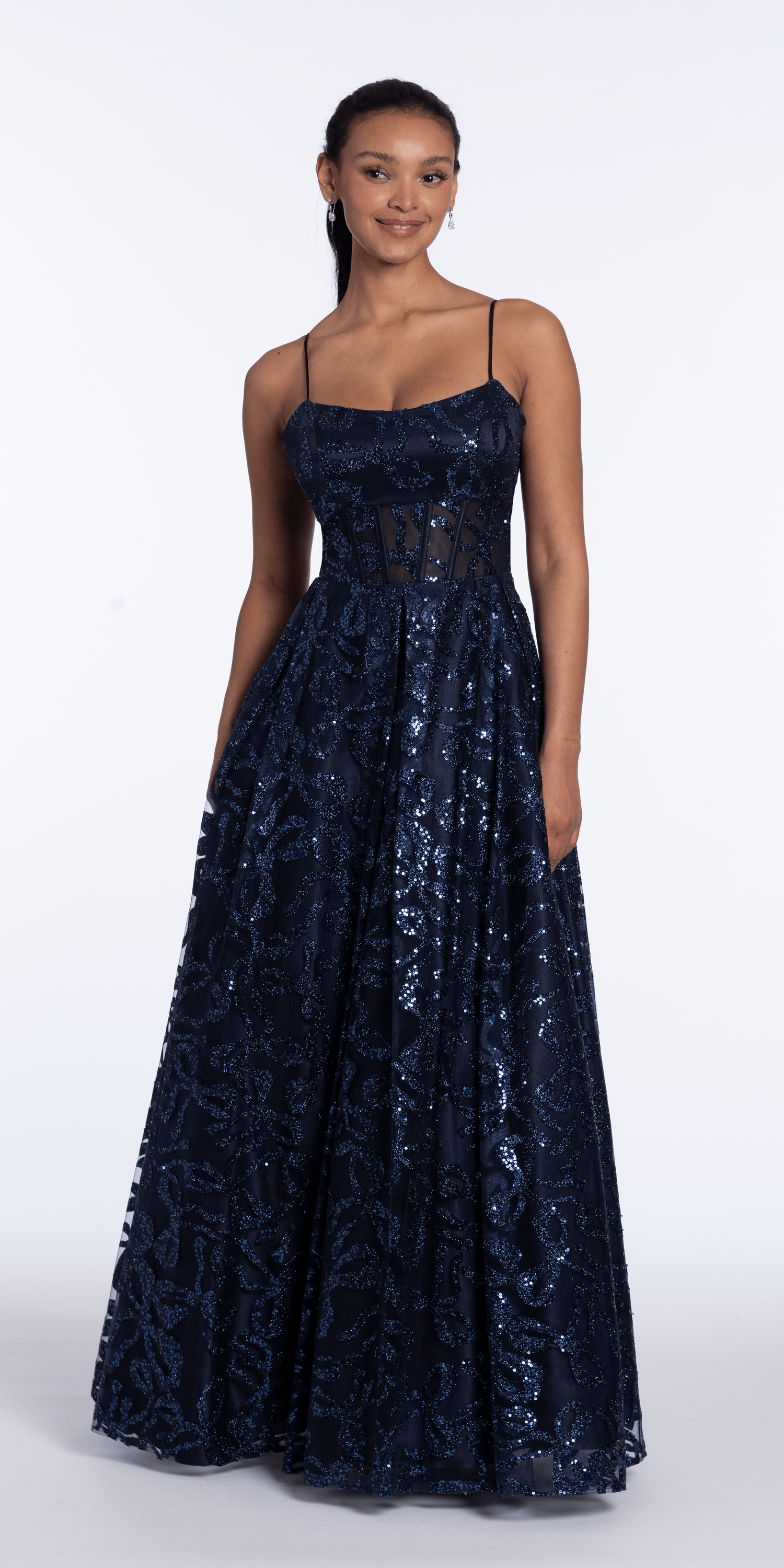 Ribbon Sequin Square Neck Corset Ballgown