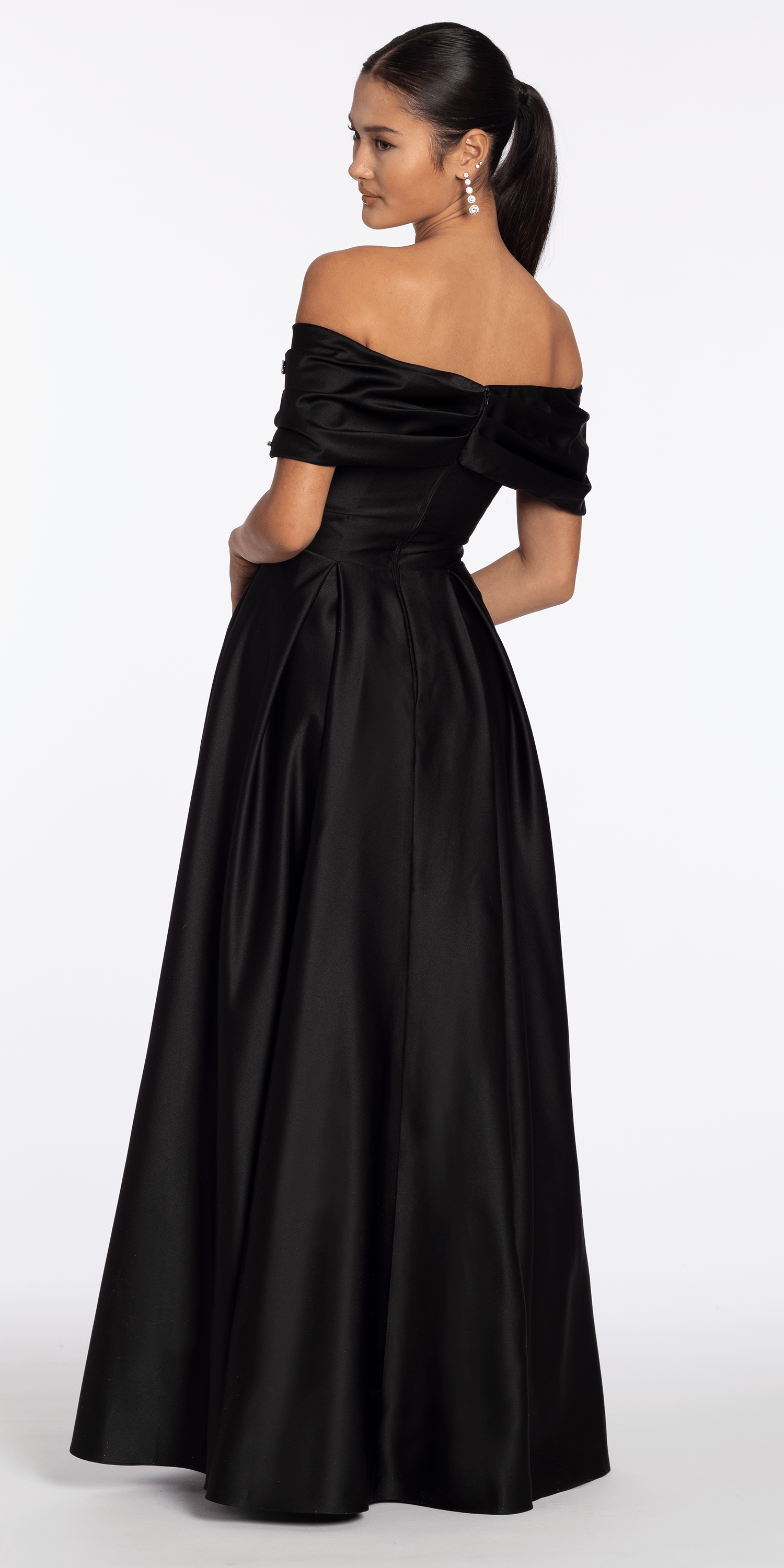 Satin Off the Shoulder Ballgown with Rhinestone Bow Detail