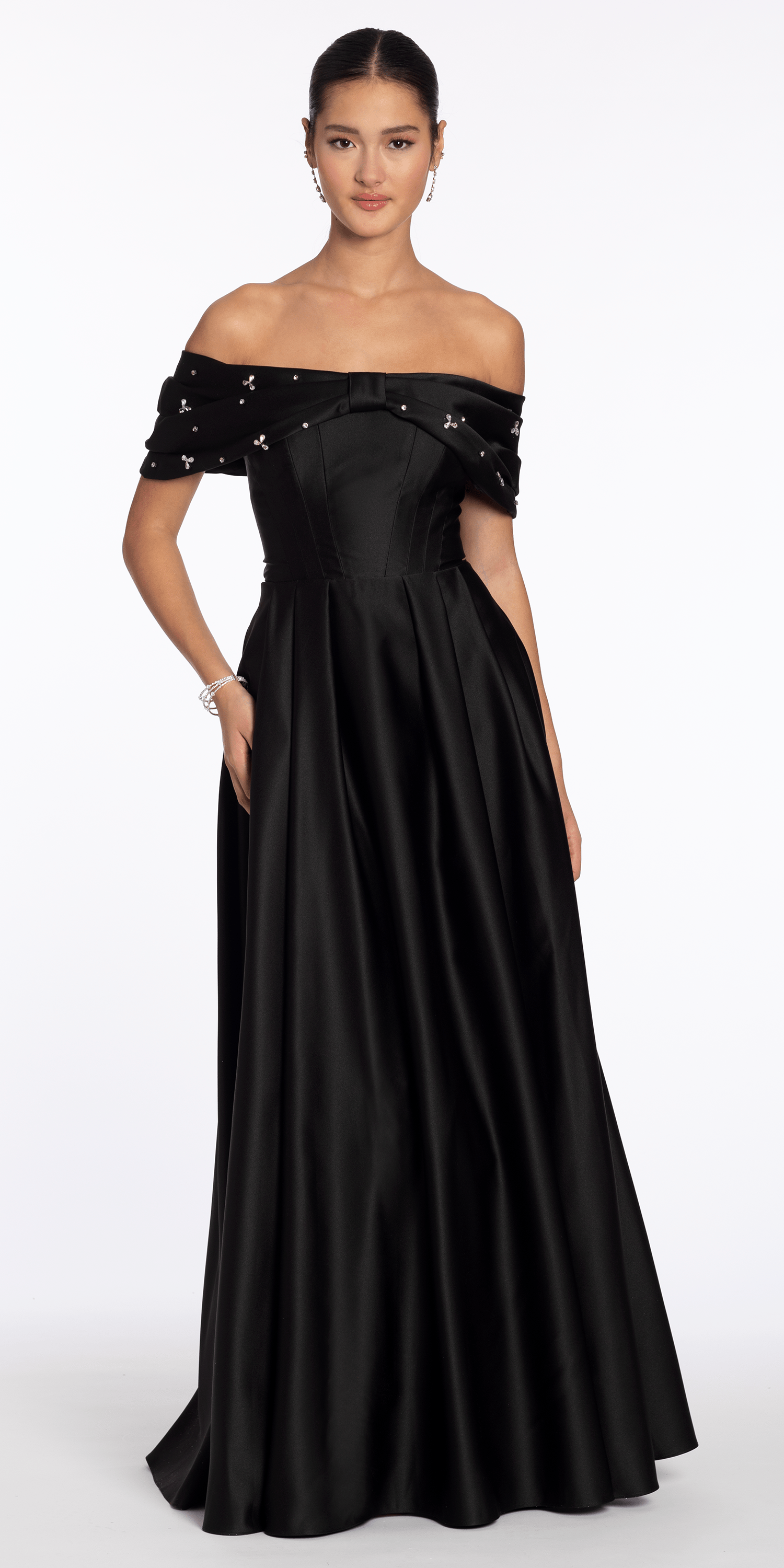 Satin Off the Shoulder Ballgown with Rhinestone Bow Detail