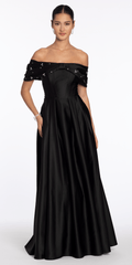 Satin Off the Shoulder Ballgown with Rhinestone Bow Detail
