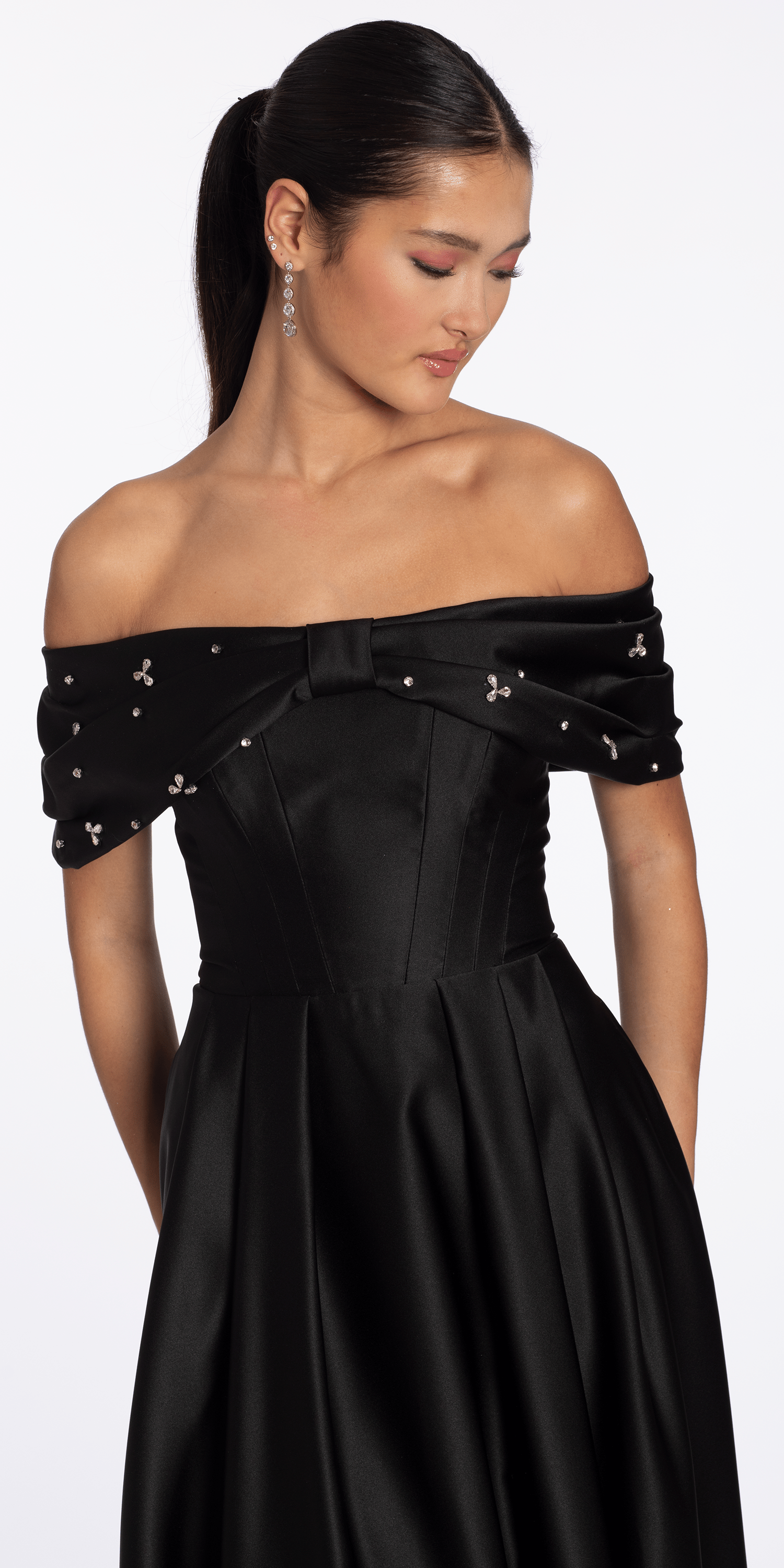 Satin Off the Shoulder Ballgown with Rhinestone Bow Detail