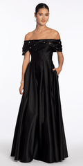 Satin Off the Shoulder Ballgown with Rhinestone Bow Detail
