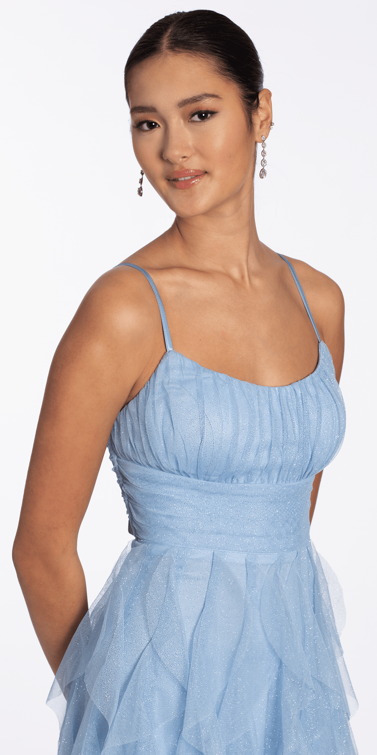 Scoop Neck Glitter Mesh Lace Up Back High-Low Dress