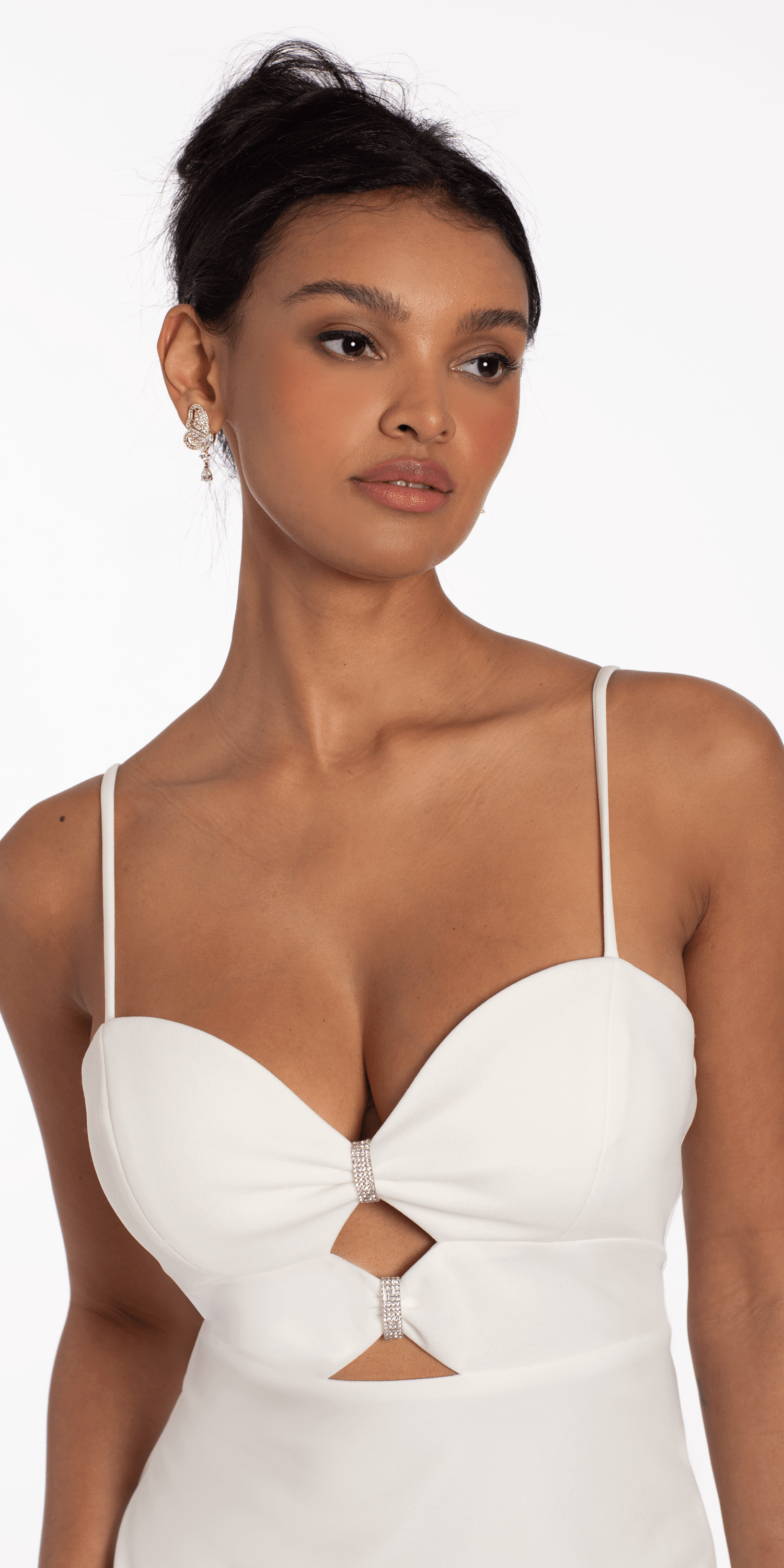 Sweetheart Scuba Peek-a-Boo Midi Dress with Rhinestones