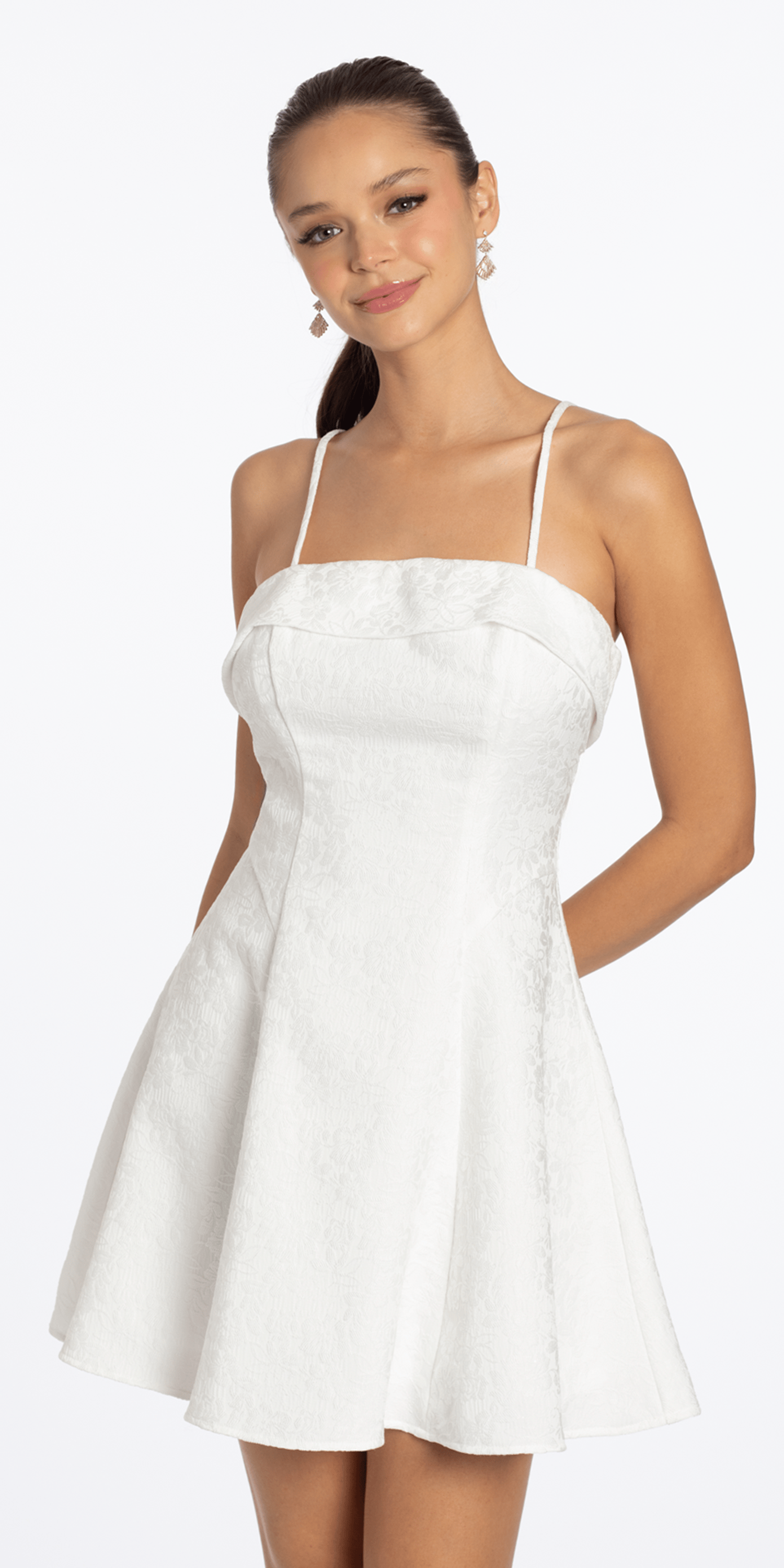 Floral Jacquard Foldover Square Neck Skater Dress