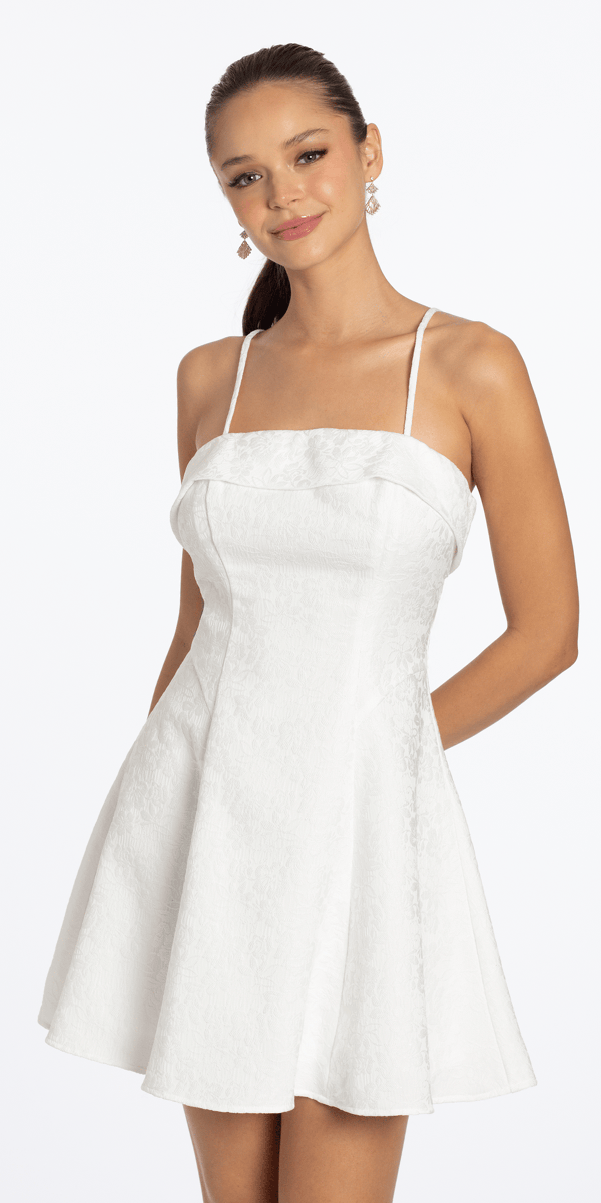 Floral Jacquard Foldover Square Neck Skater Dress