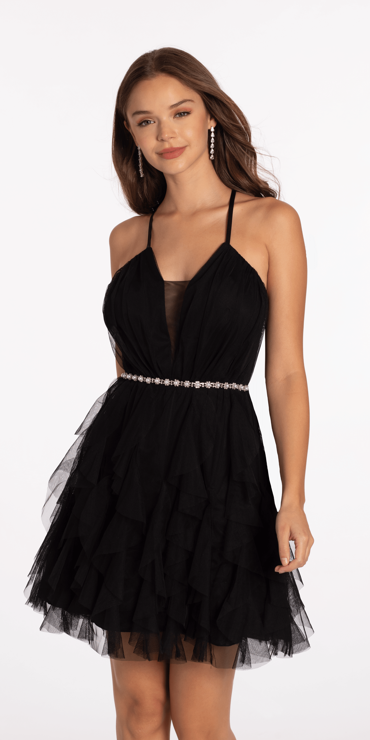 Mesh Plunge Fit and Flare Dress with Pearl Waist Detail