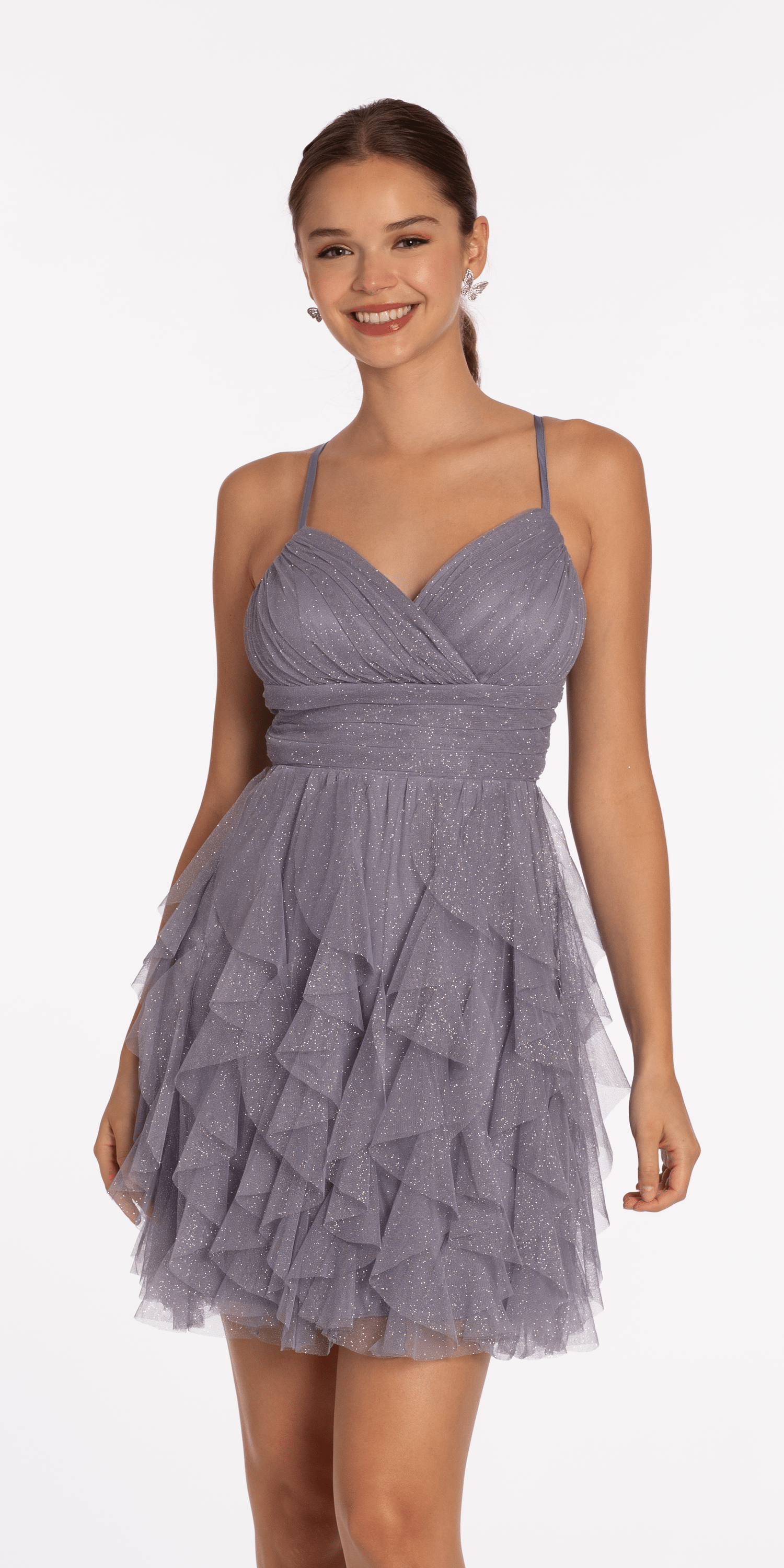 Lace Up Back Tiered Glitter Mesh Fit and Flare Dress