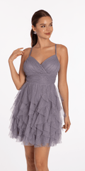 Lace Up Back Tiered Glitter Mesh Fit and Flare Dress