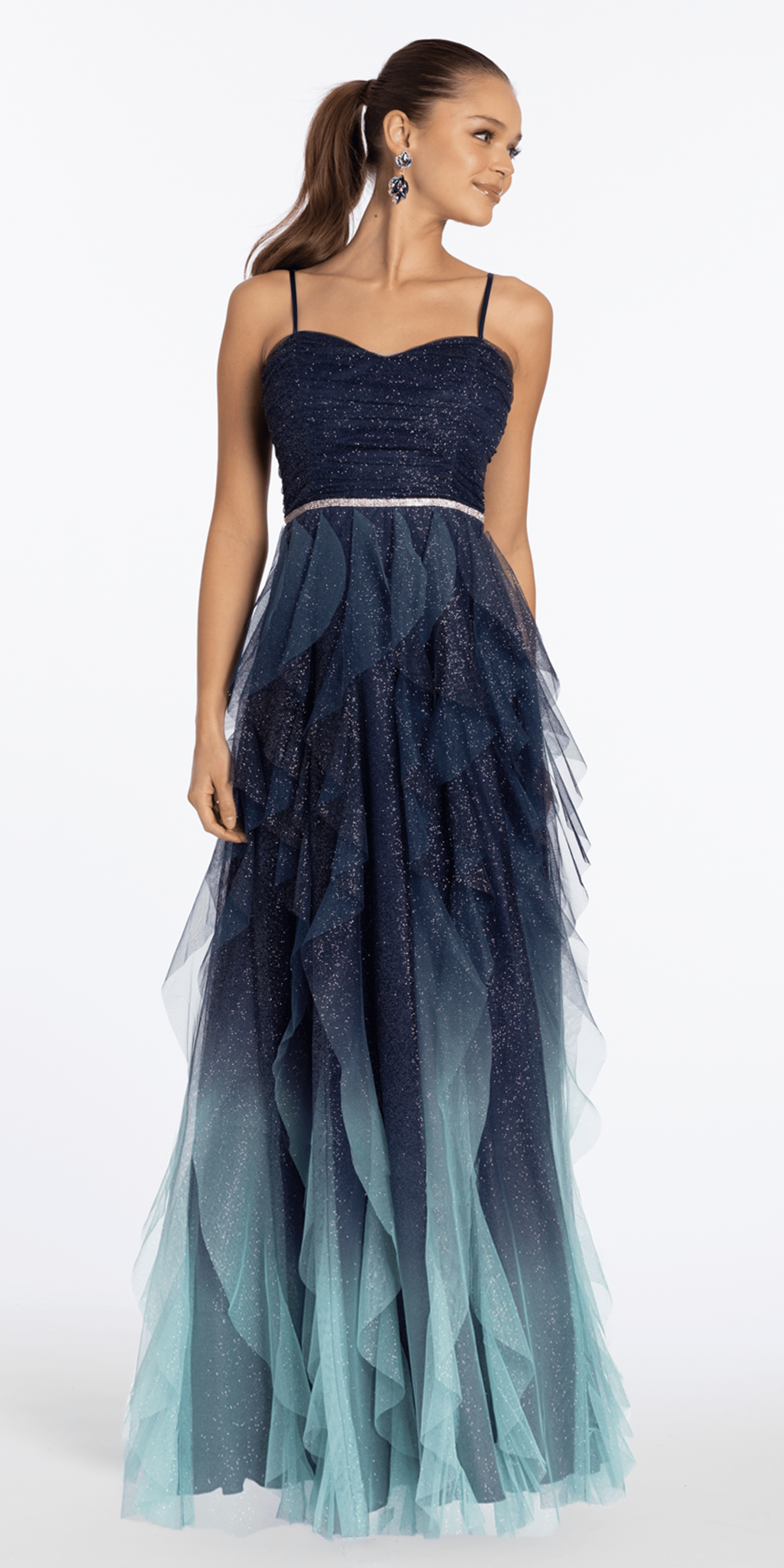 Strappy Back Ombre Glitter Mesh A Line Dress with Rhinestone Detail