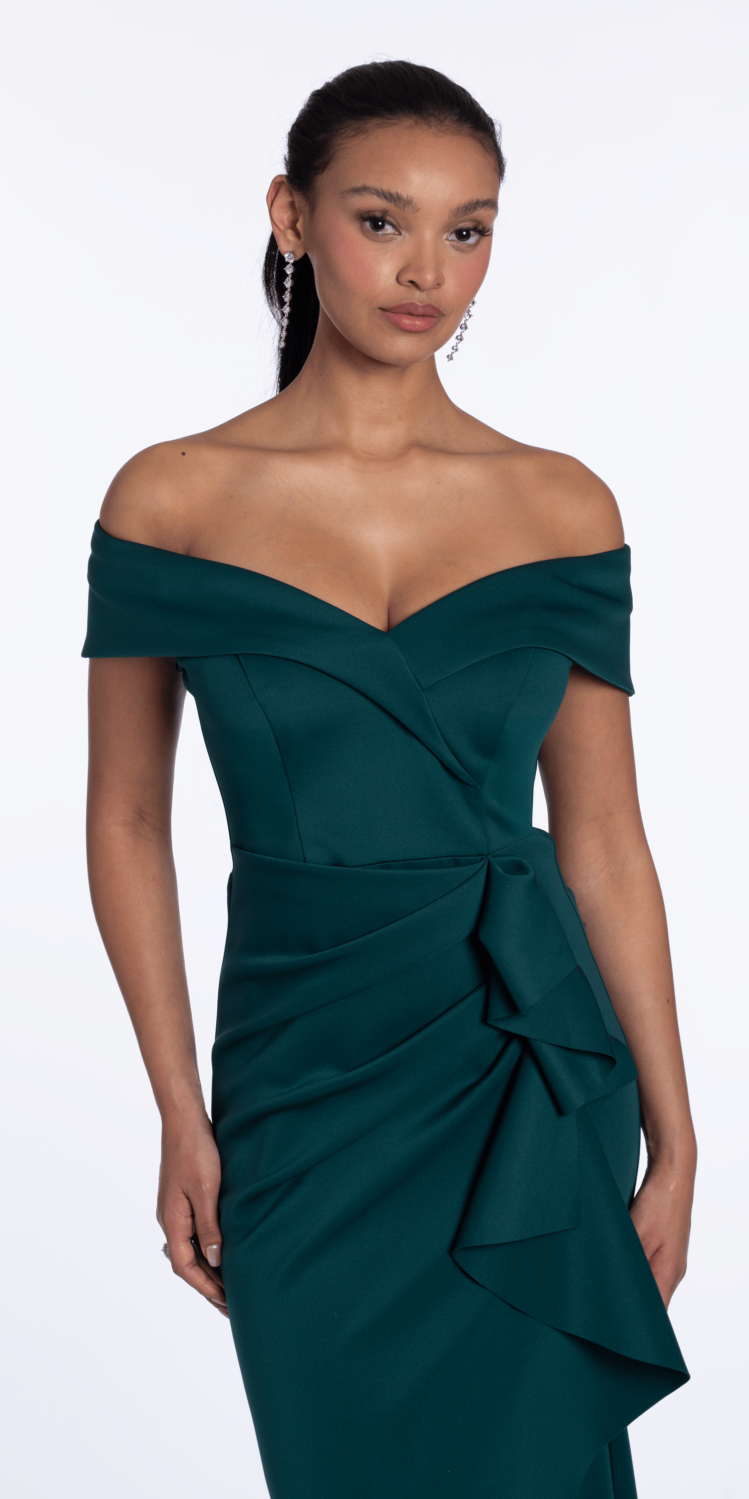 Off the Shoulder Scuba Dress with Side Ruffle