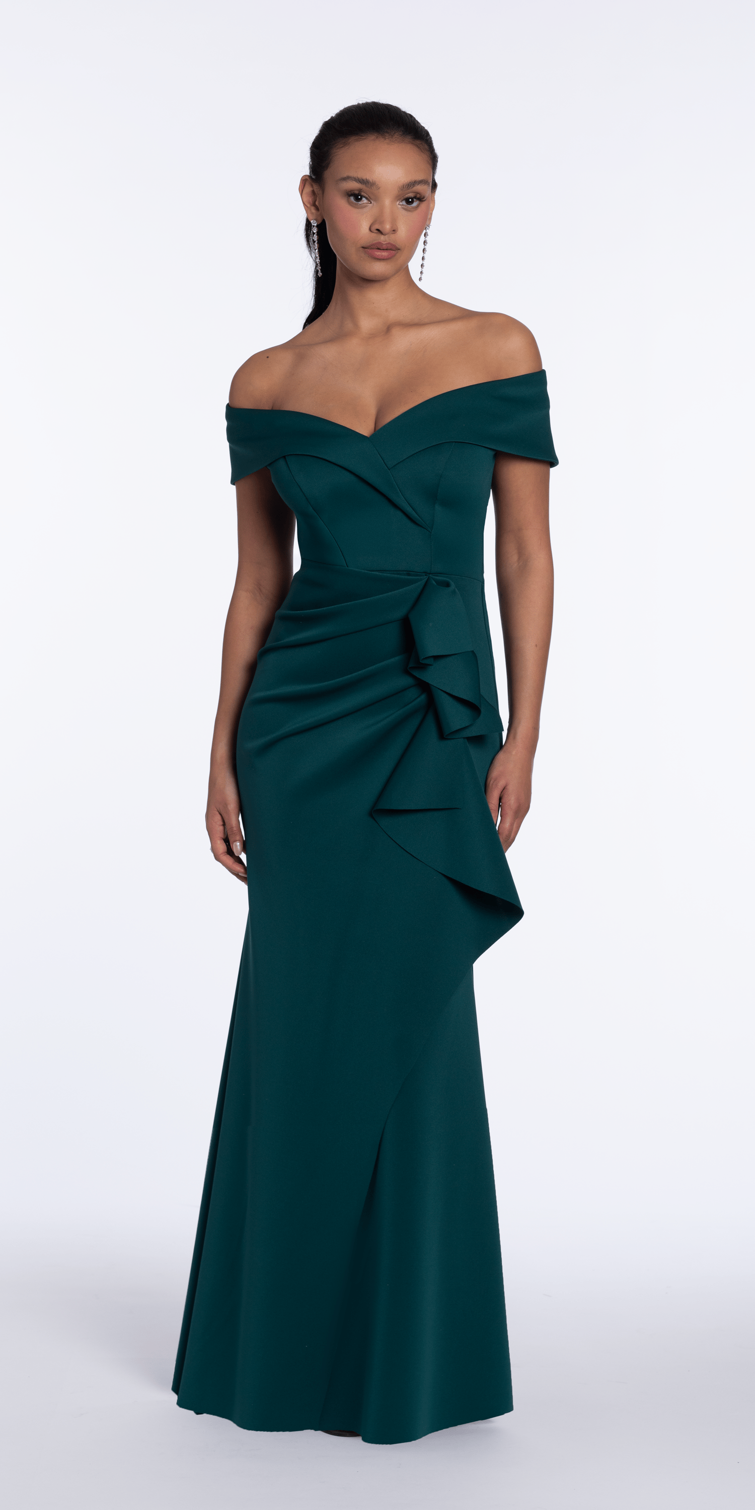 Off the Shoulder Scuba Dress with Side Ruffle