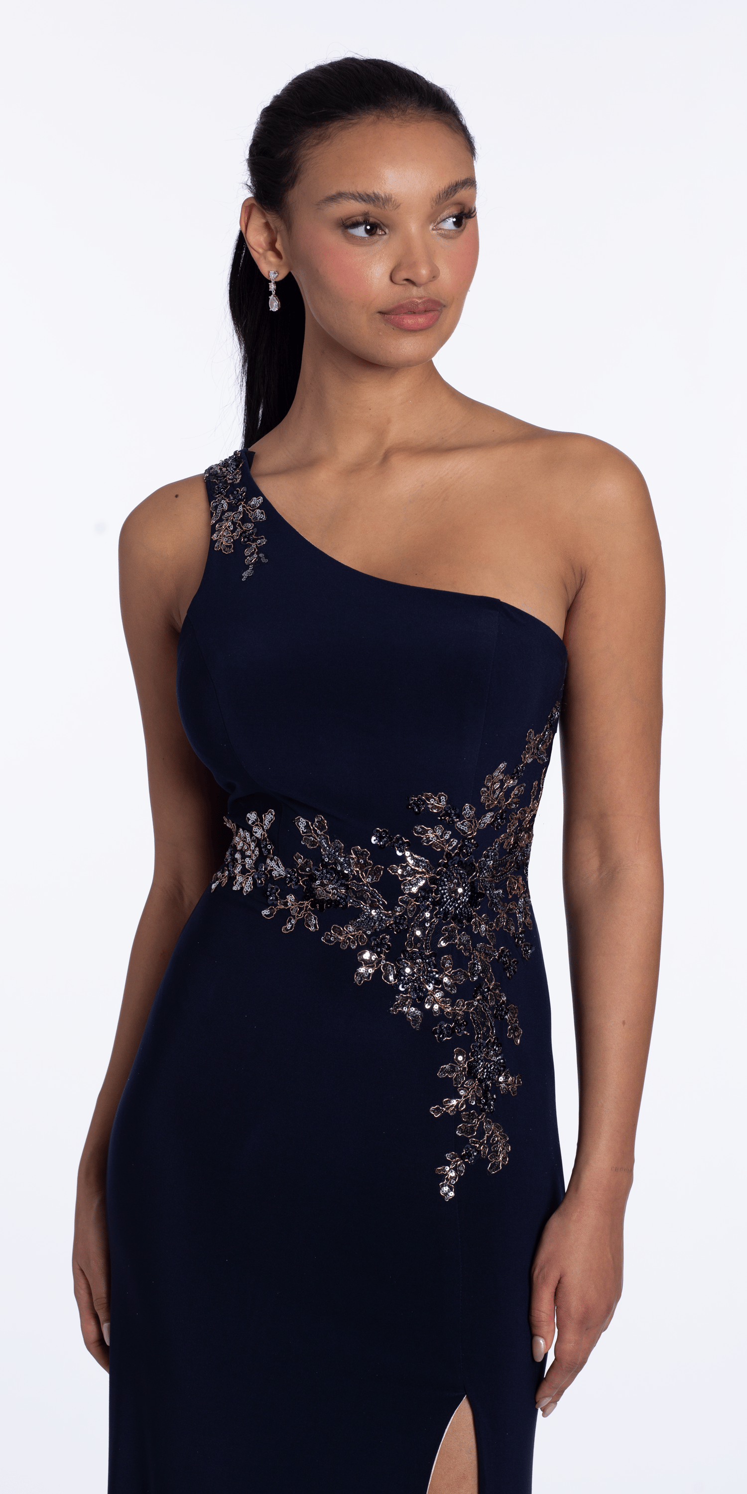 Jersey One Shoulder Column Dress with Embroidery and Contrast Lining