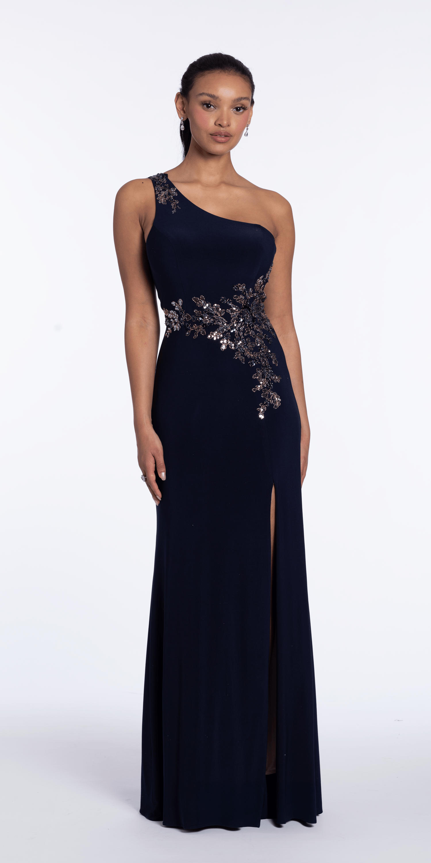 Jersey One Shoulder Column Dress with Embroidery and Contrast Lining