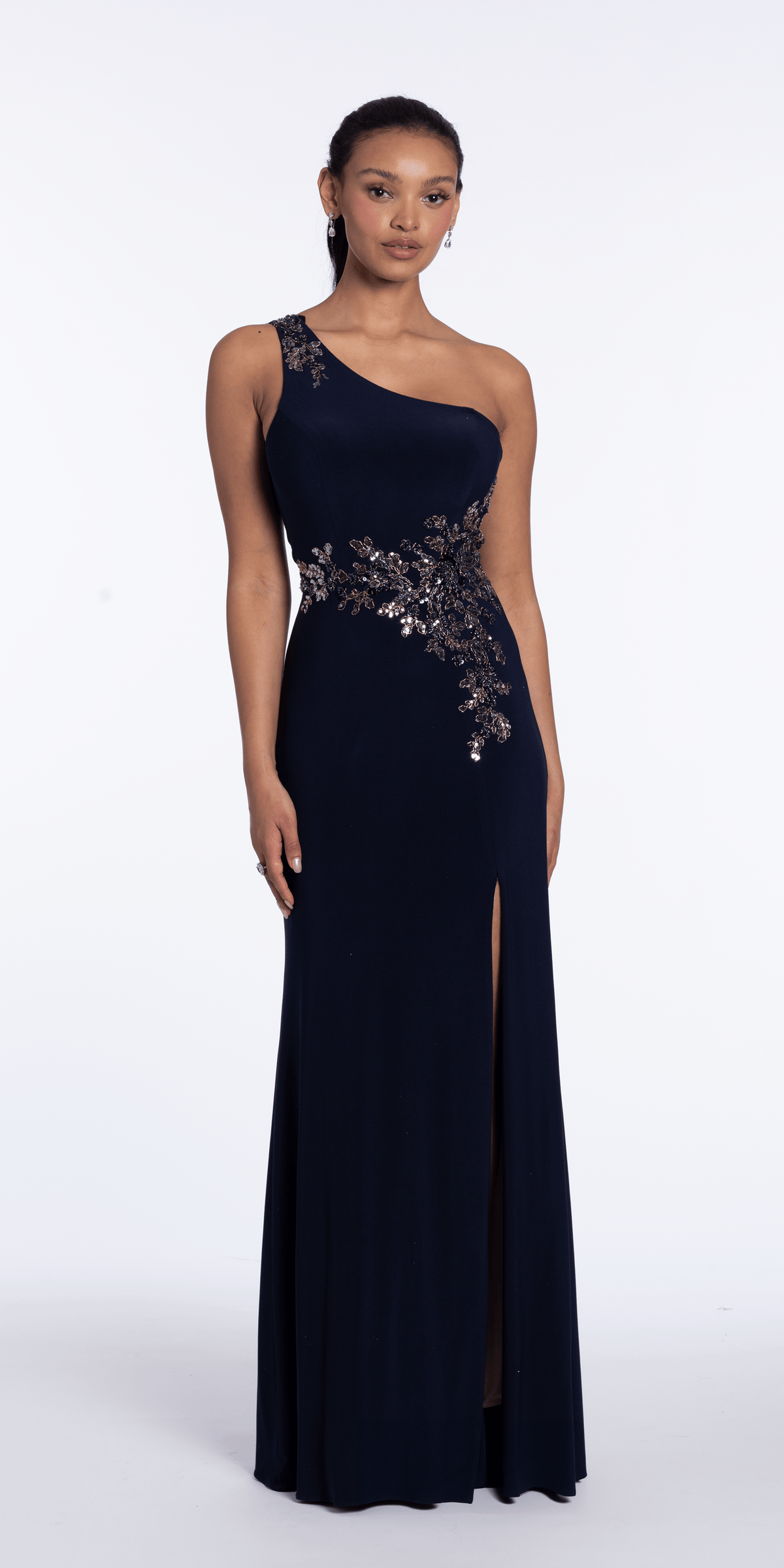 Jersey One Shoulder Column Dress with Embroidery and Contrast Lining