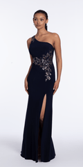 Jersey One Shoulder Column Dress with Embroidery and Contrast Lining