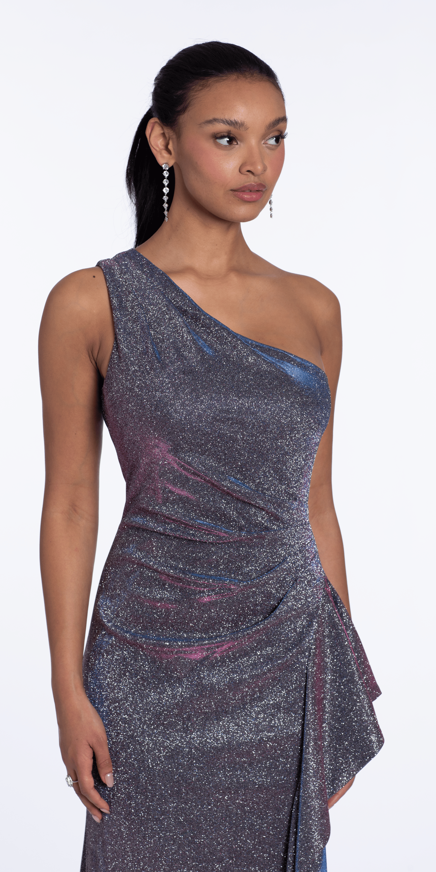 Two Tone Metallic One Shoulder Column Dress with Side Cascade