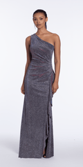 Two Tone Metallic One Shoulder Column Dress with Side Cascade