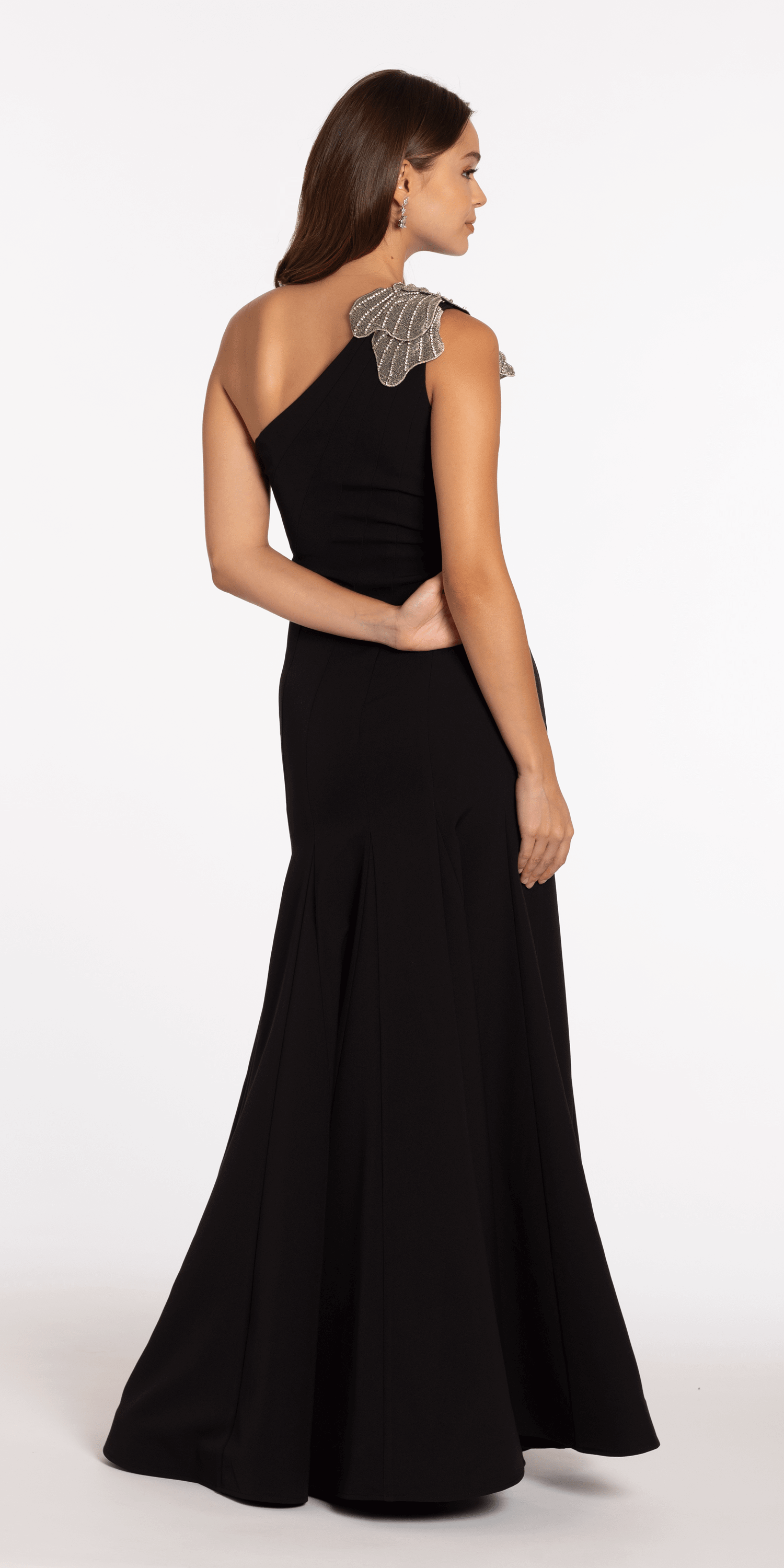 Jersey One Shoulder Mermaid Dress with Beaded Floral Applique