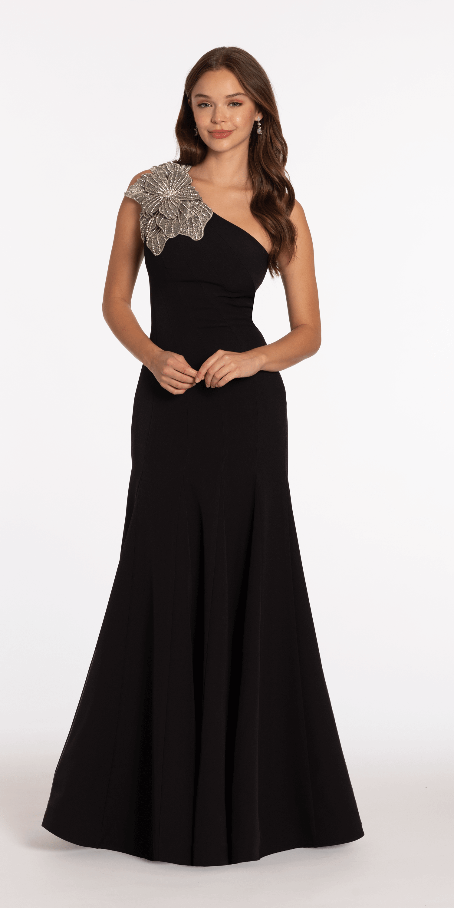 Jersey One Shoulder Mermaid Dress with Beaded Floral Applique