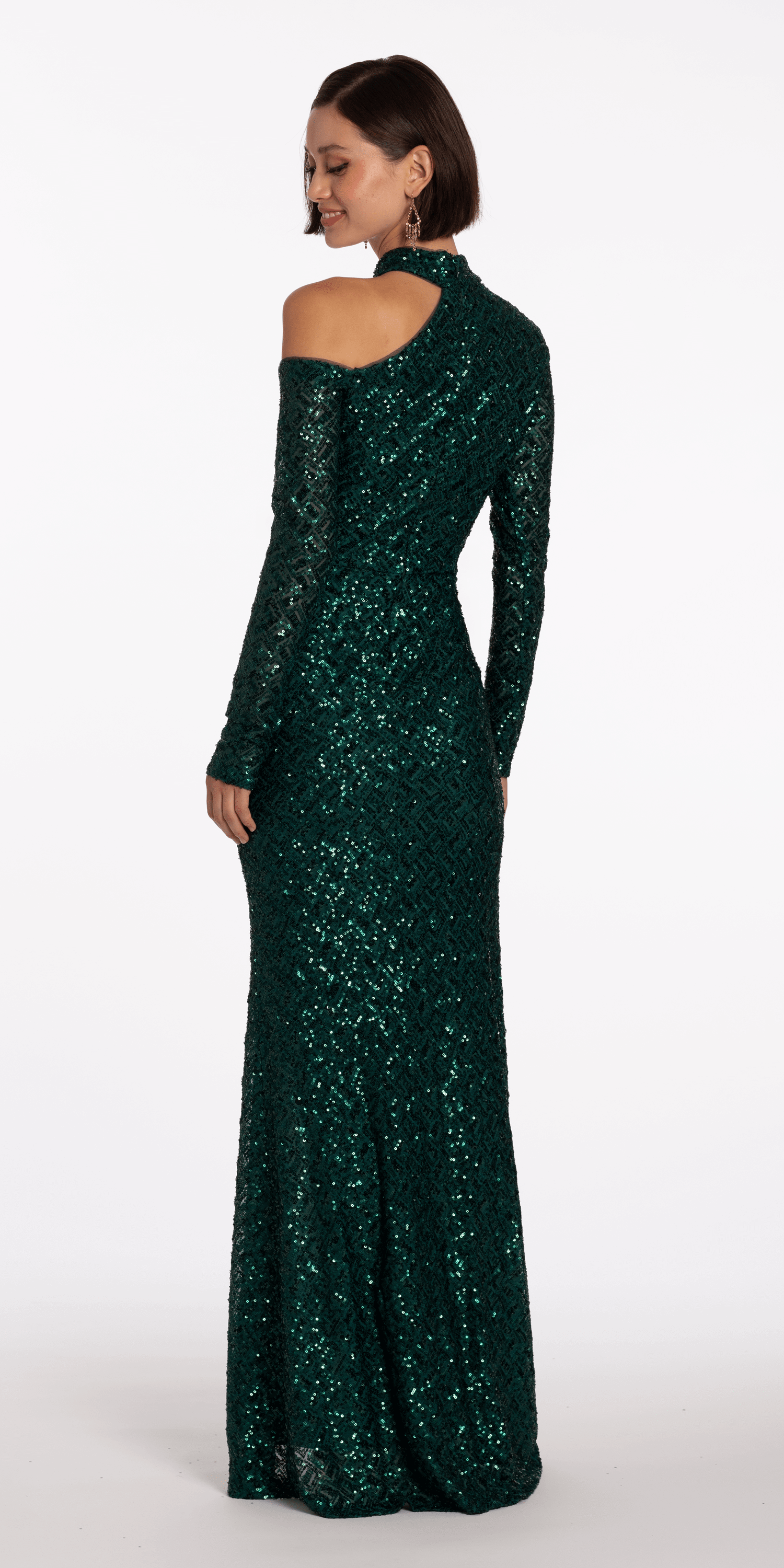 Sequin Long Sleeve One Cold Shoulder Column Dress