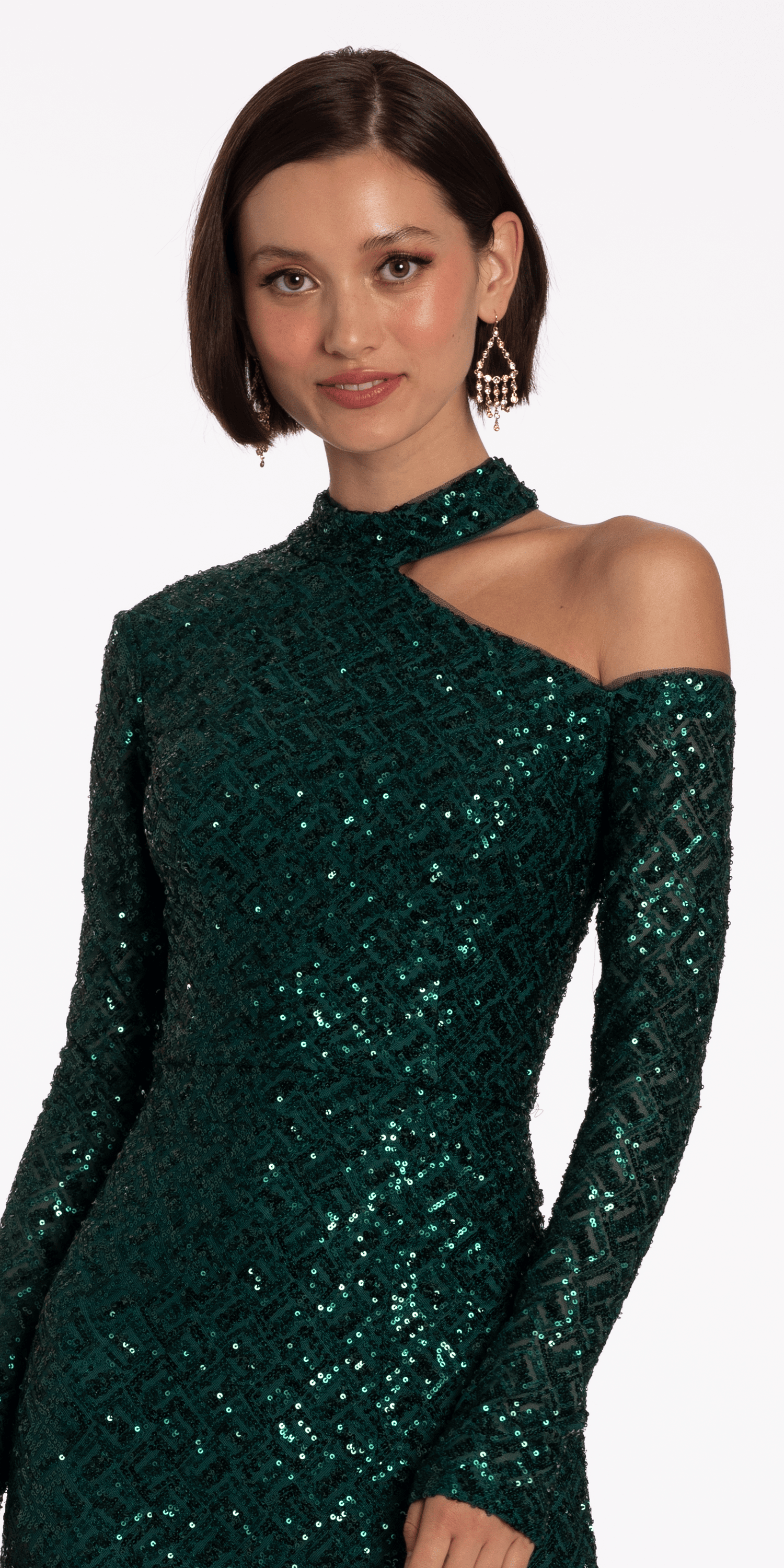 Sequin Long Sleeve One Cold Shoulder Column Dress