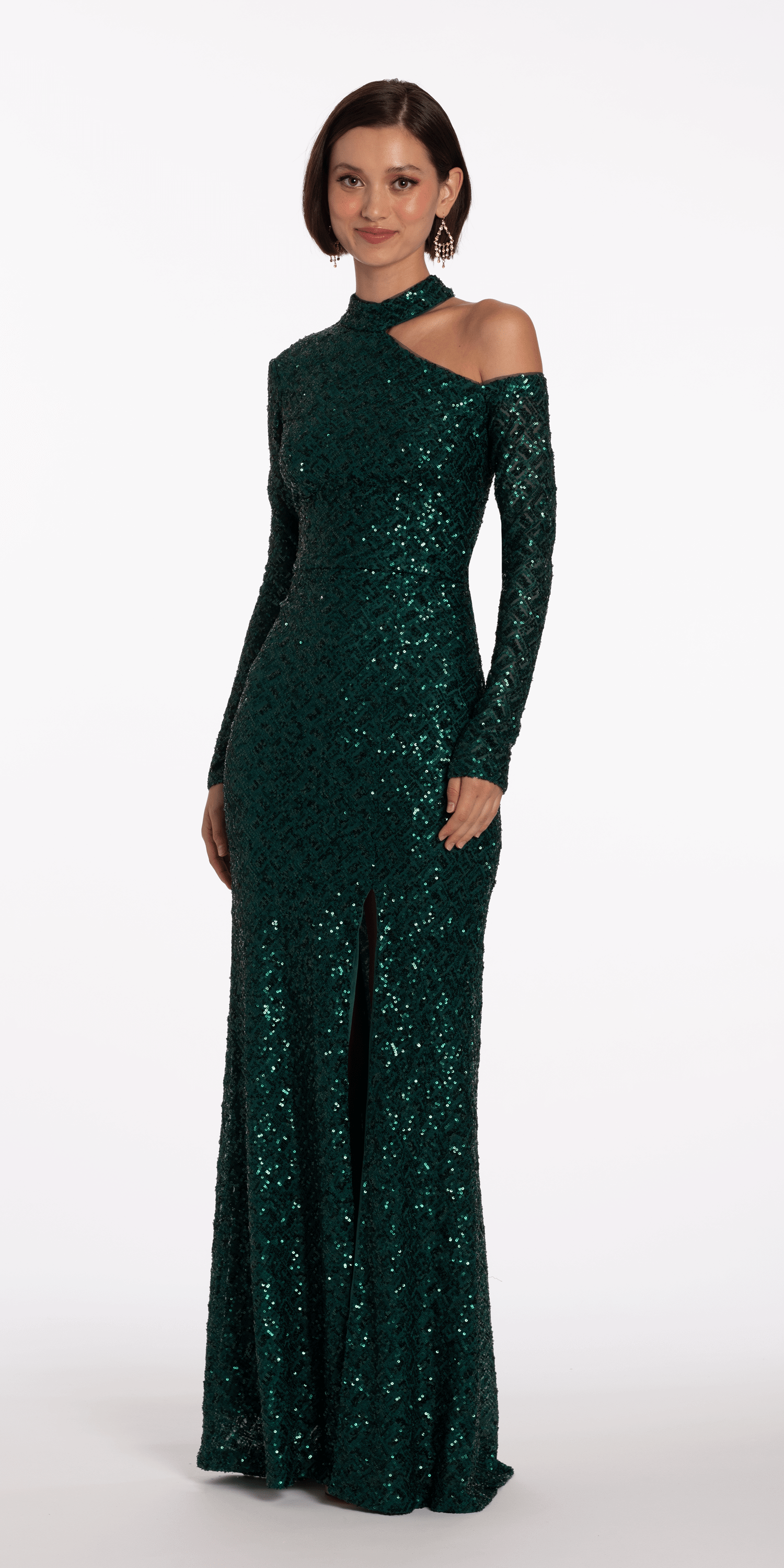 Sequin Long Sleeve One Cold Shoulder Column Dress