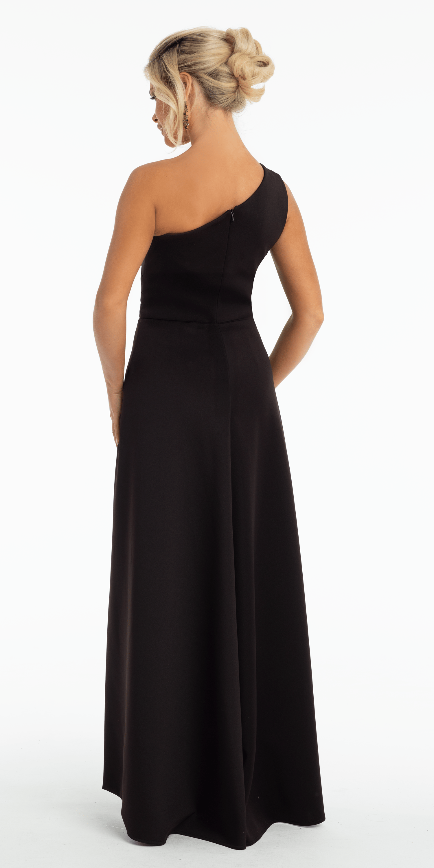 One Shoulder Scuba Column Dress with Overskirt