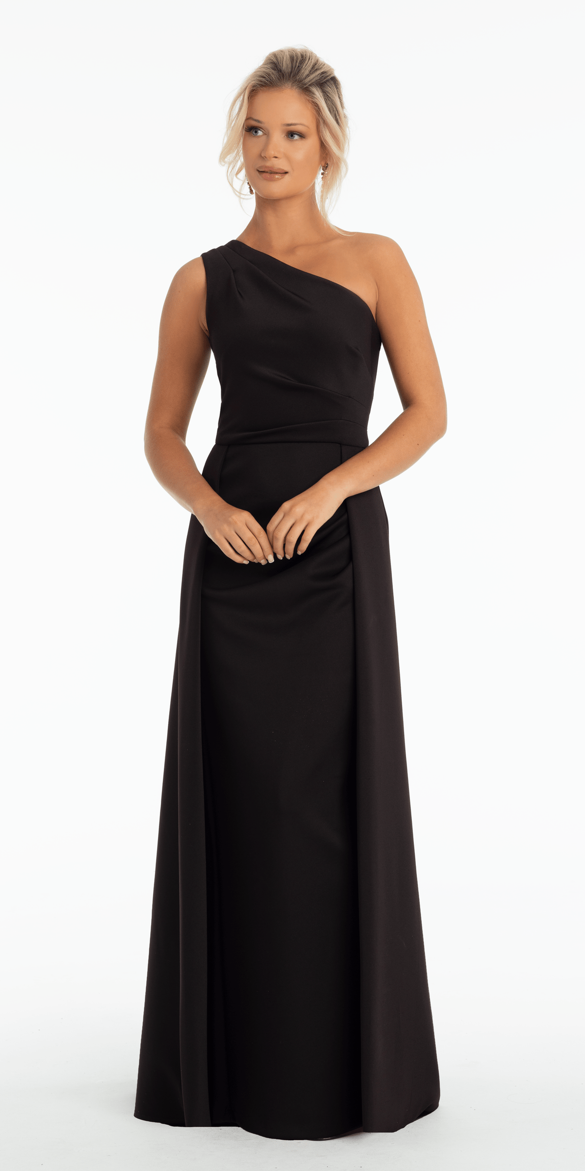 One Shoulder Scuba Column Dress with Overskirt