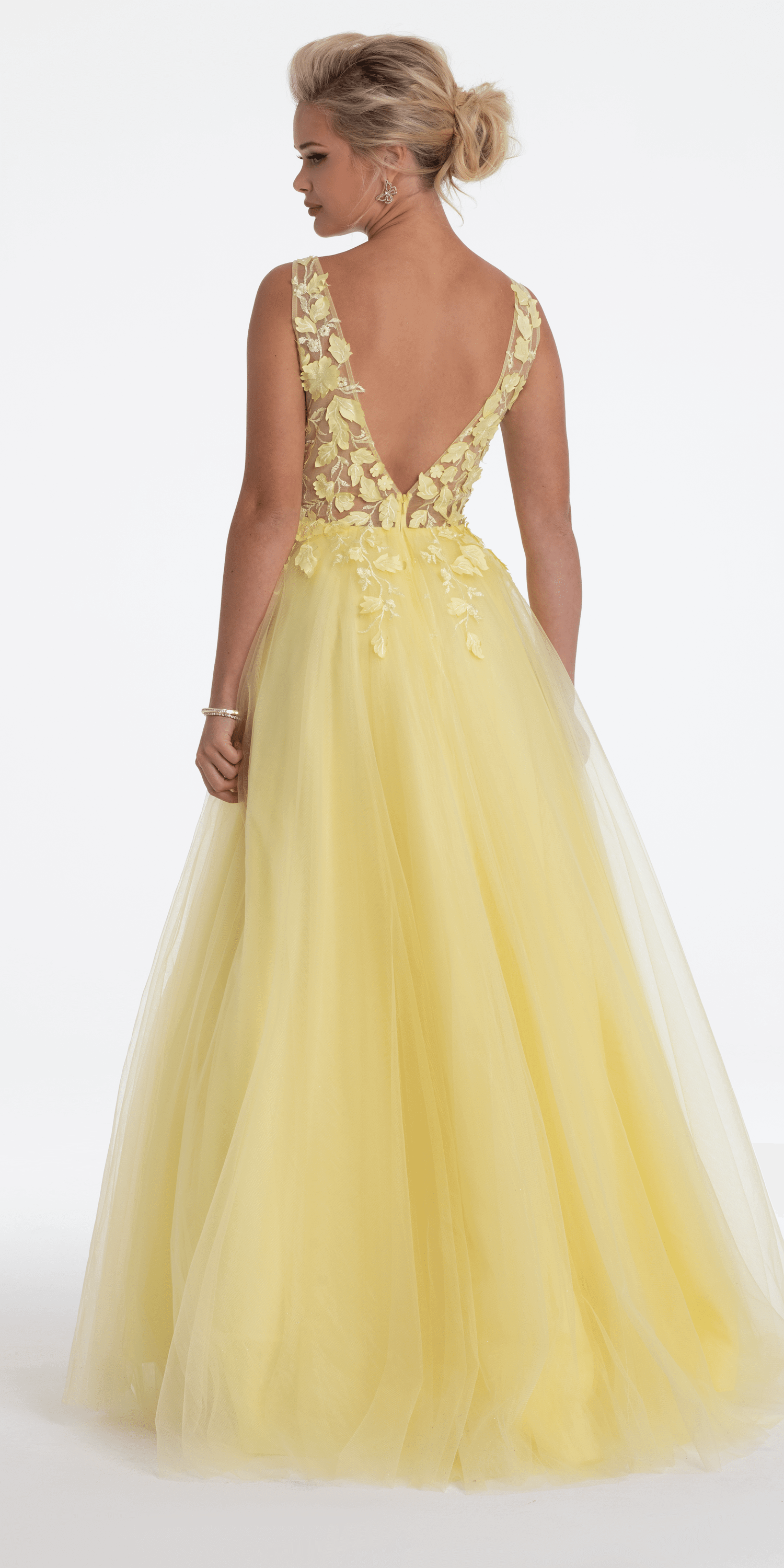 Deep V Back 3 D Floral Tulle Ballgown