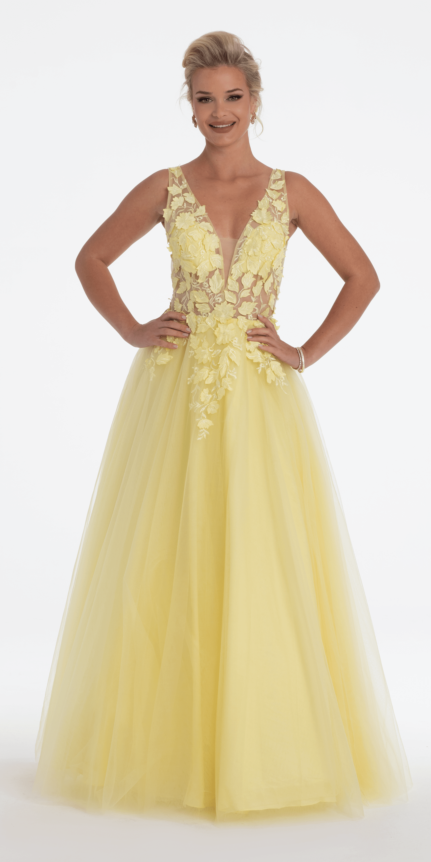 Deep V Back 3 D Floral Tulle Ballgown