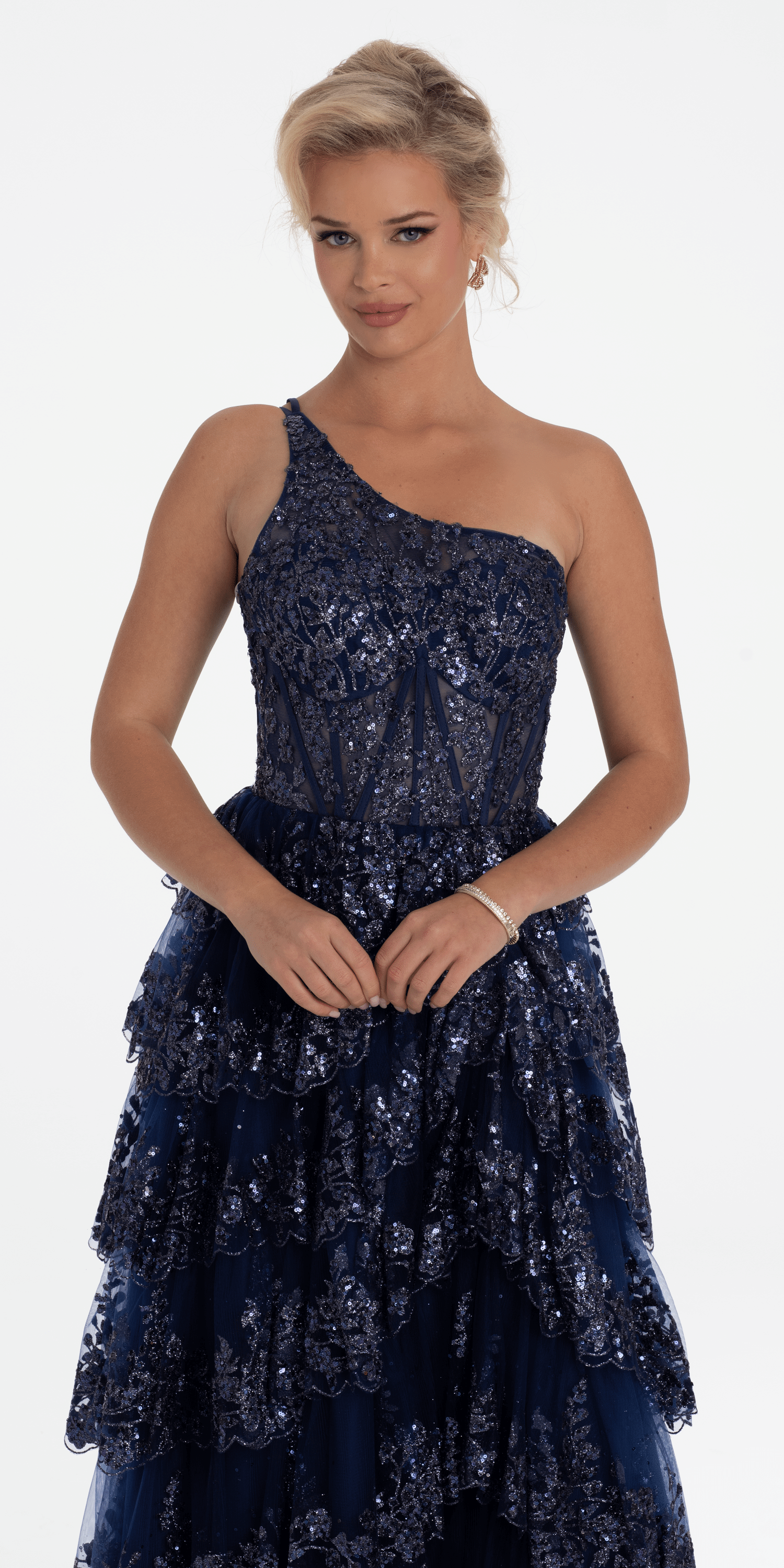 One Shoulder Glitter Corset Tiered Ballgown
