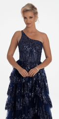 One Shoulder Glitter Corset Tiered Ballgown