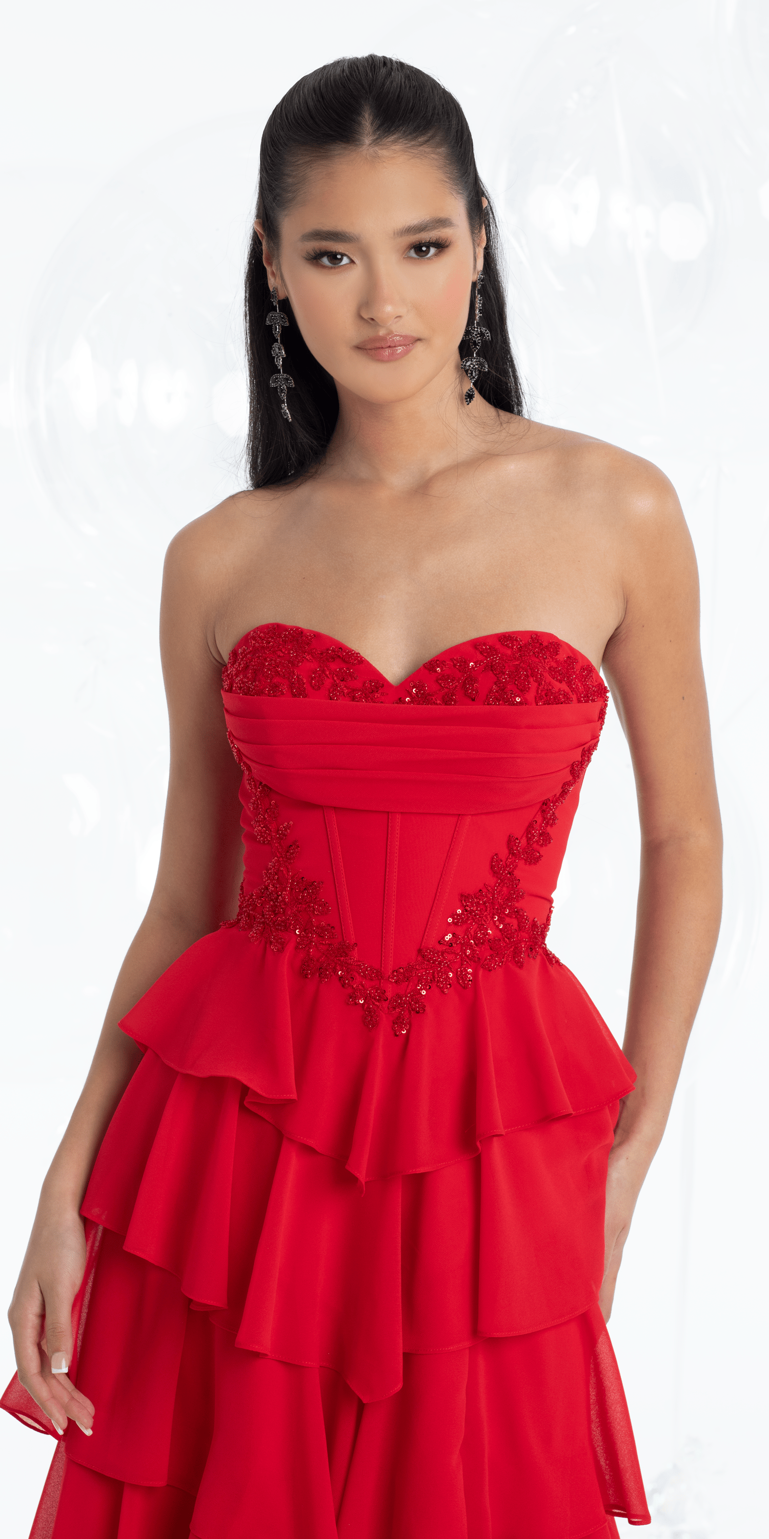 Strapless Beaded Chiffon Corset Tiered Ballgown