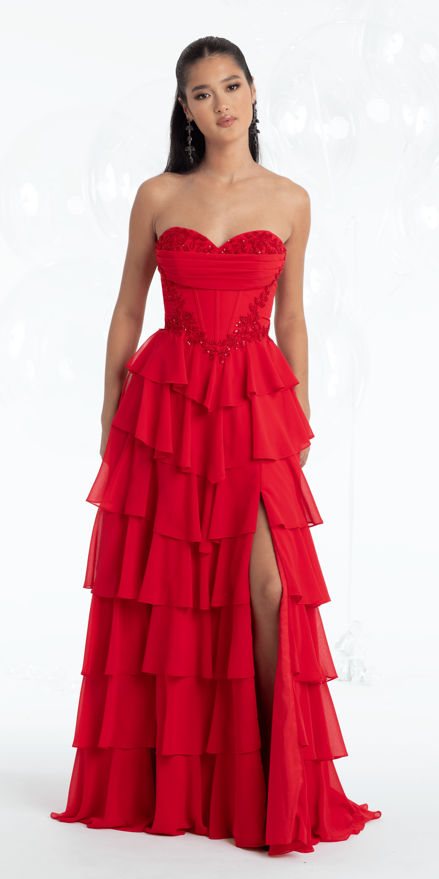 Strapless Beaded Chiffon Corset Tiered Ballgown