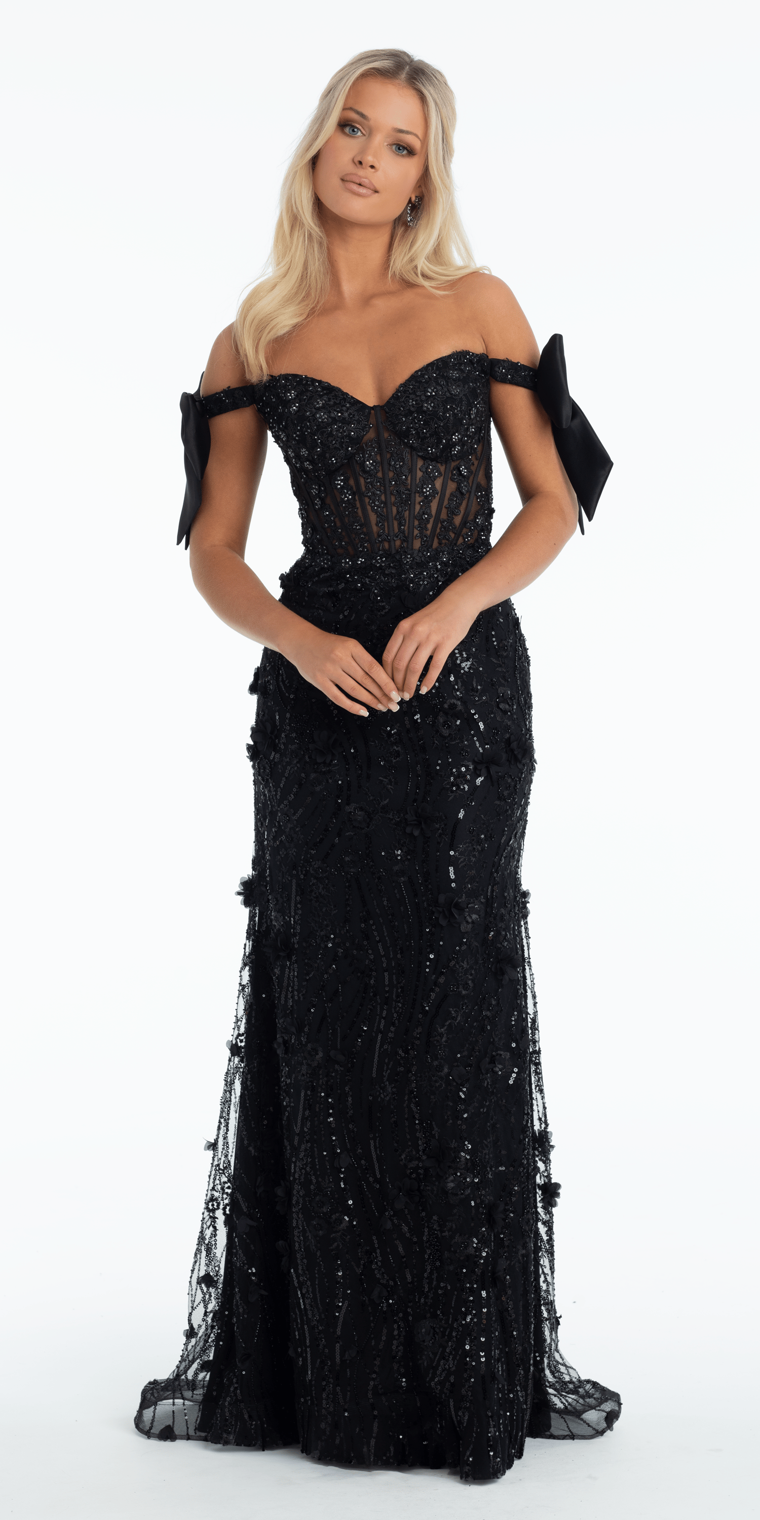 Mesh Off the Shoulder Stone Corset Trumpet Dress with 3 D Appliques