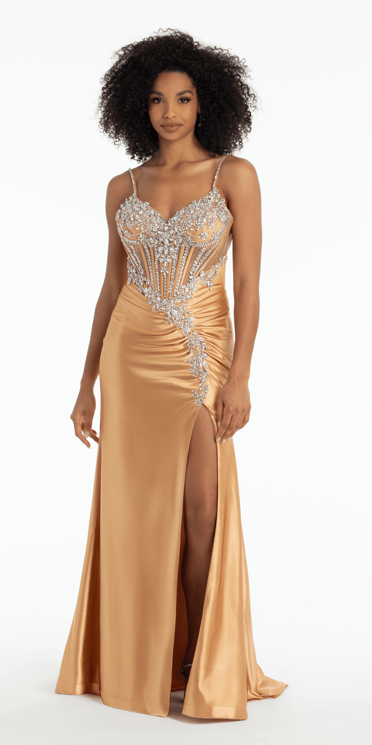 Spandex Satin Sweetheart Corset Trumpet Dress with Rhinestone Detail