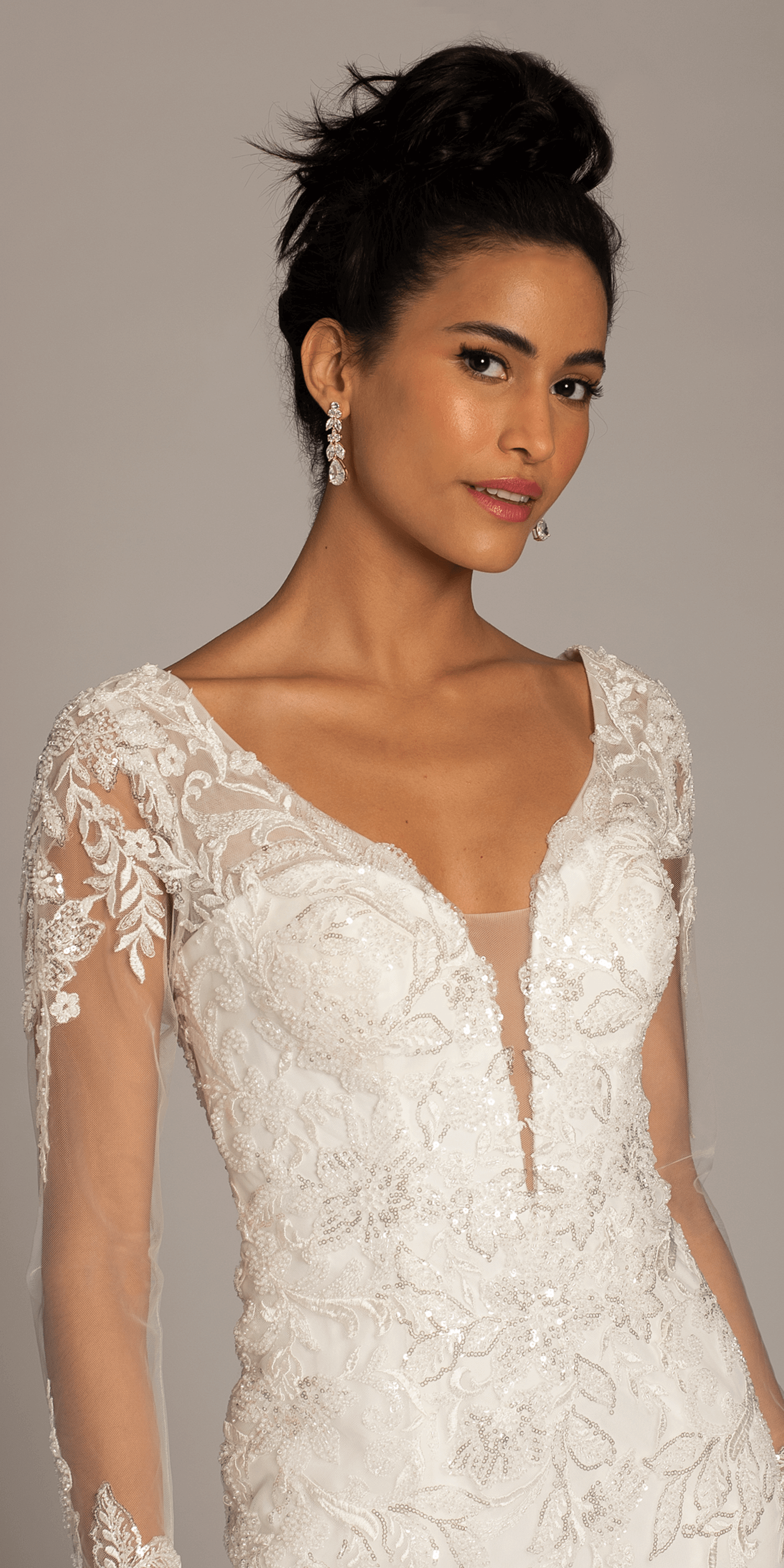 Floral Embroidered Plunging Long Sleeve Tulle Trumpet Dress