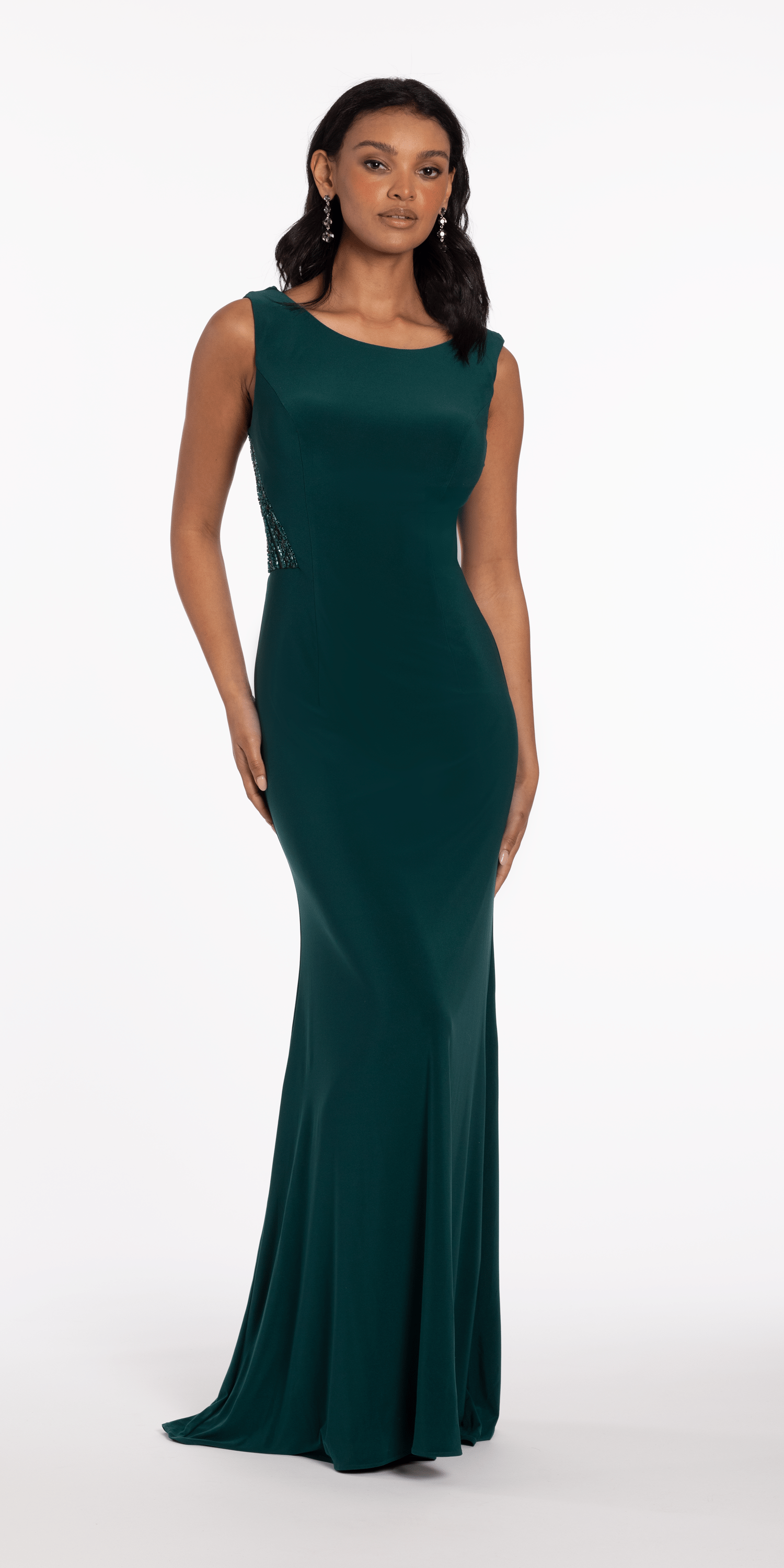 Jersey Drape Back Column Dress with Beaded Side Panels