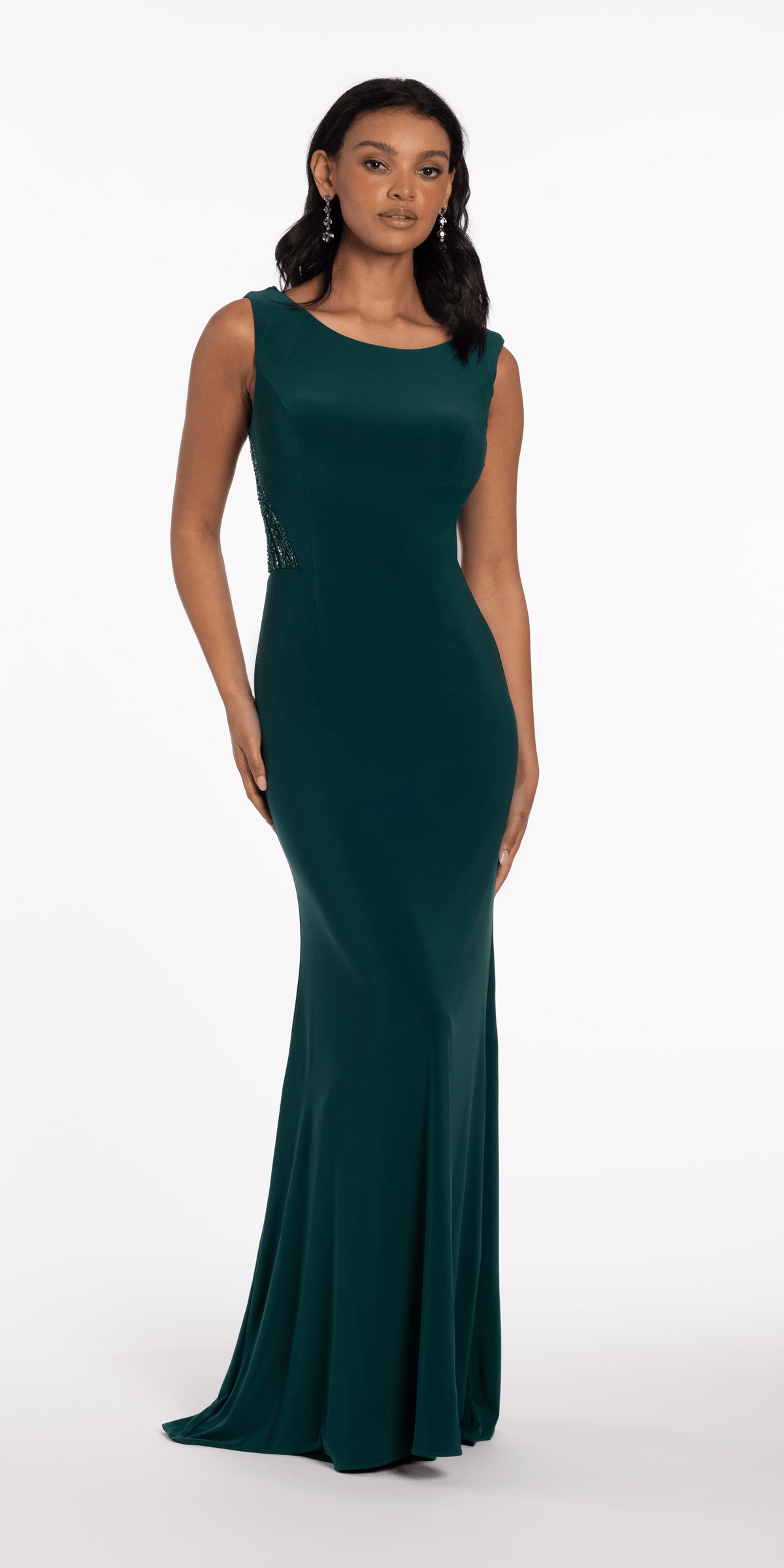 Jersey Drape Back Column Dress with Beaded Side Panels