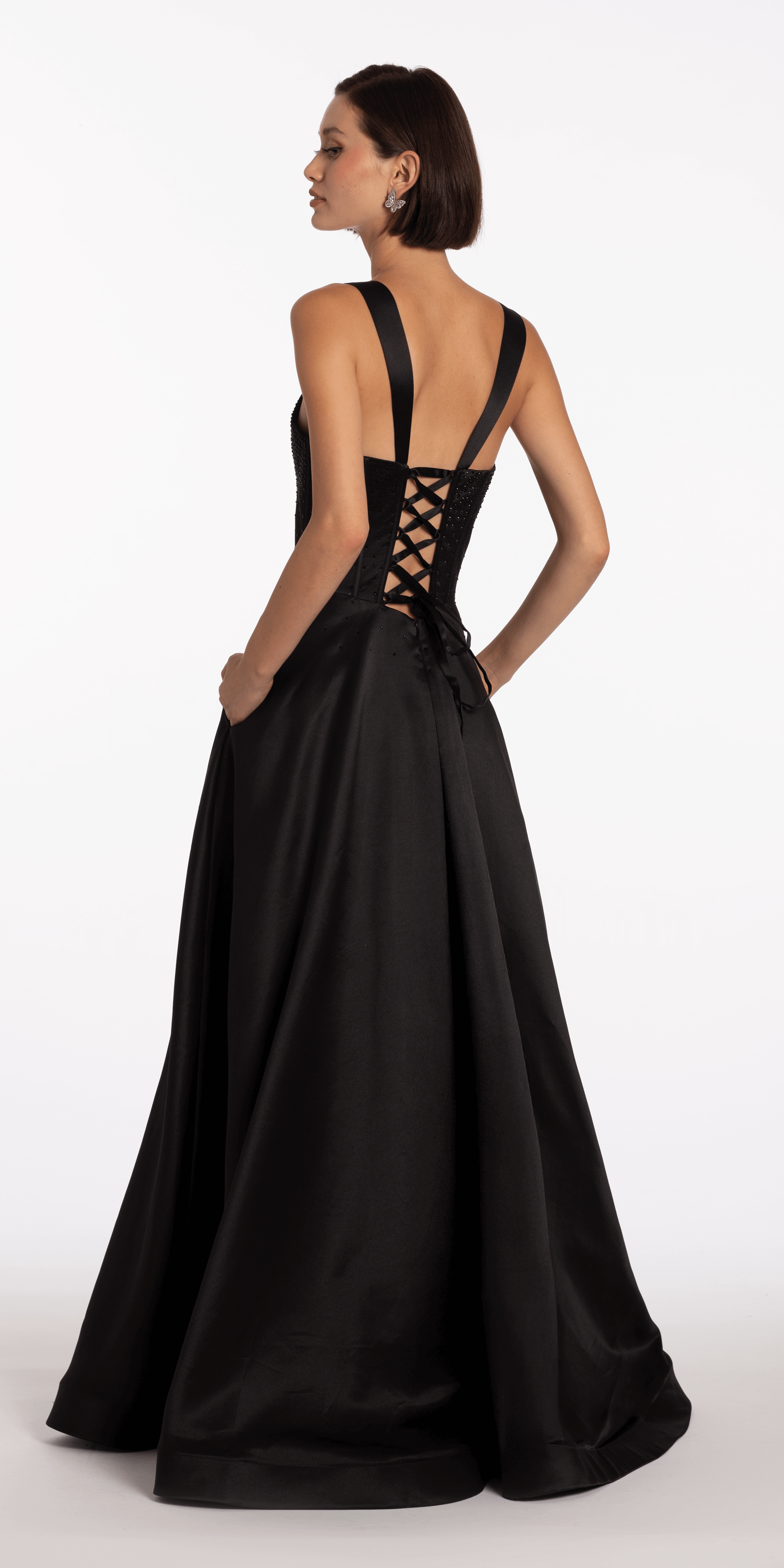 Beaded Satin Sweetheart Corset A Line Dress with Pockets