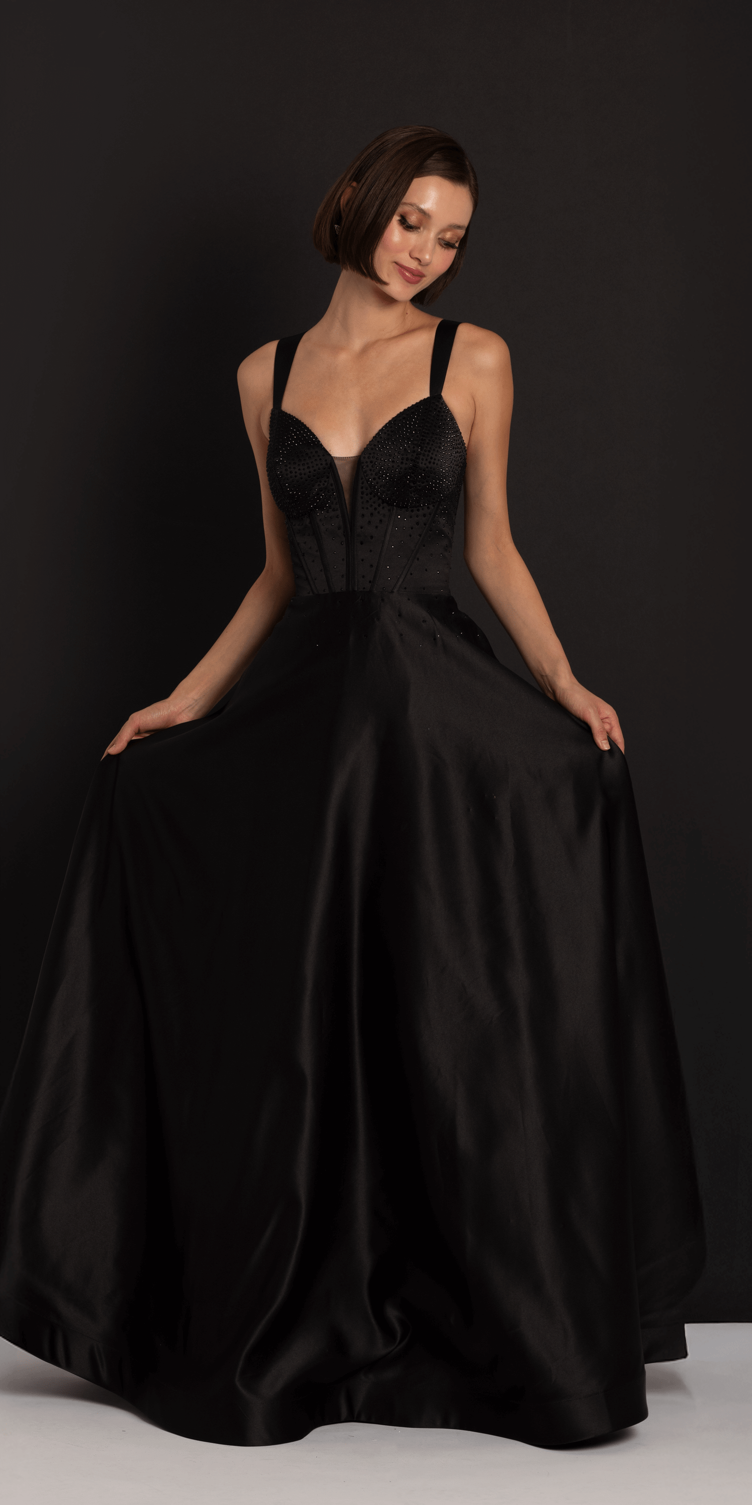 Beaded Satin Sweetheart Corset A Line Dress with Pockets