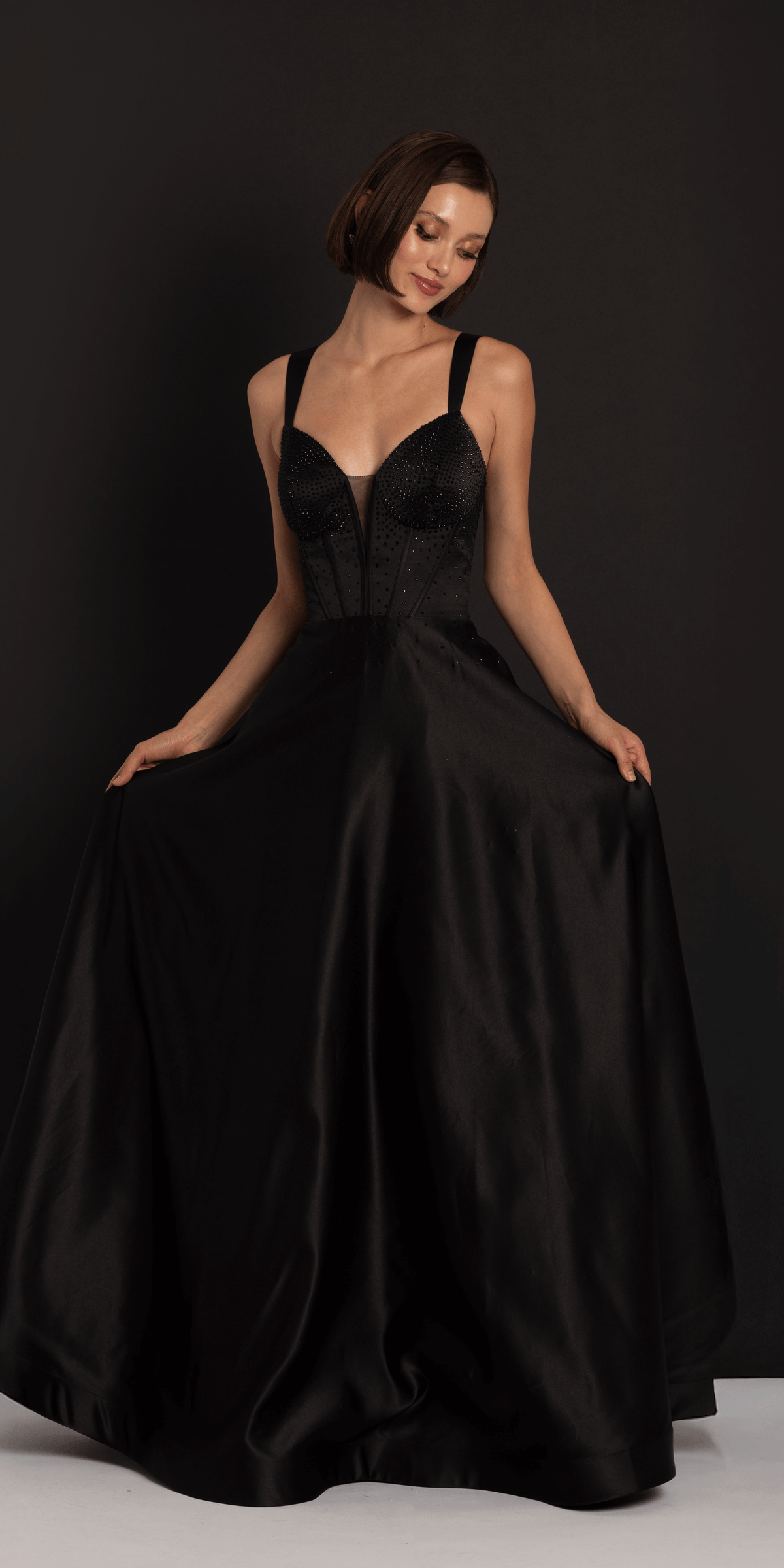 Beaded Satin Sweetheart Corset A Line Dress with Pockets